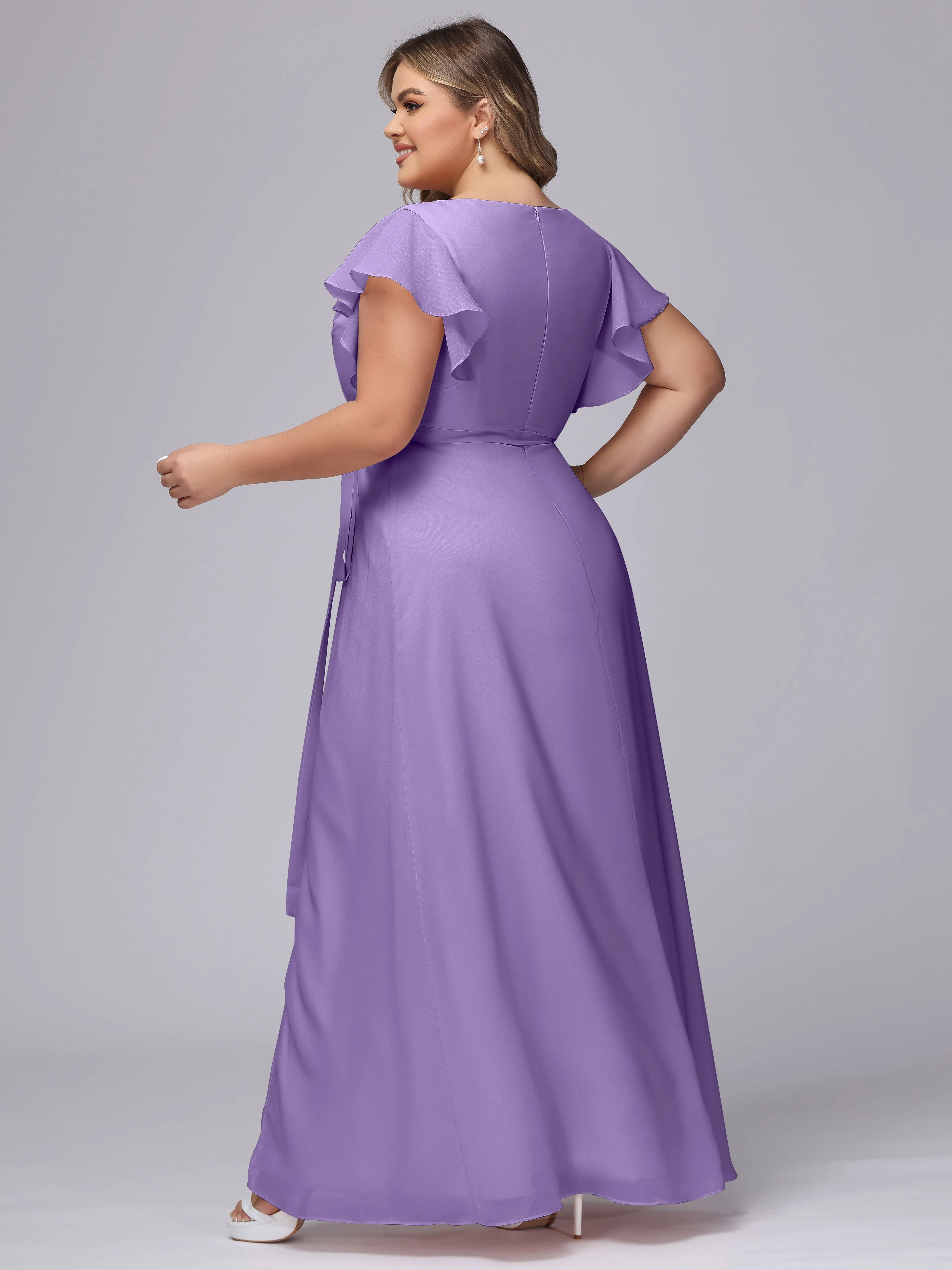 Simple V-neck Ruffled Sleeves Plus Size Chiffon Bridesmaid Dress
