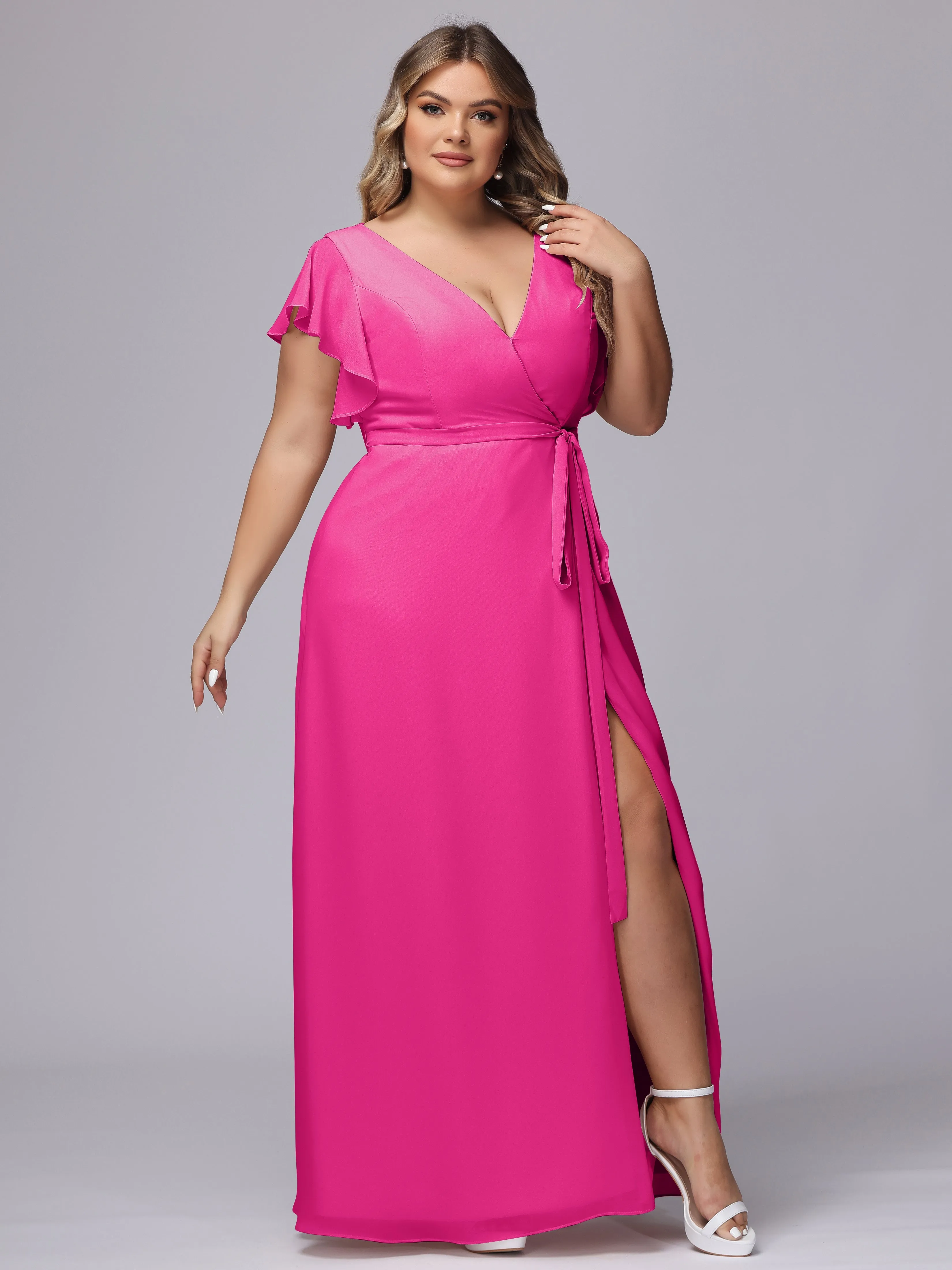 Simple V-neck Ruffled Sleeves Plus Size Chiffon Bridesmaid Dress