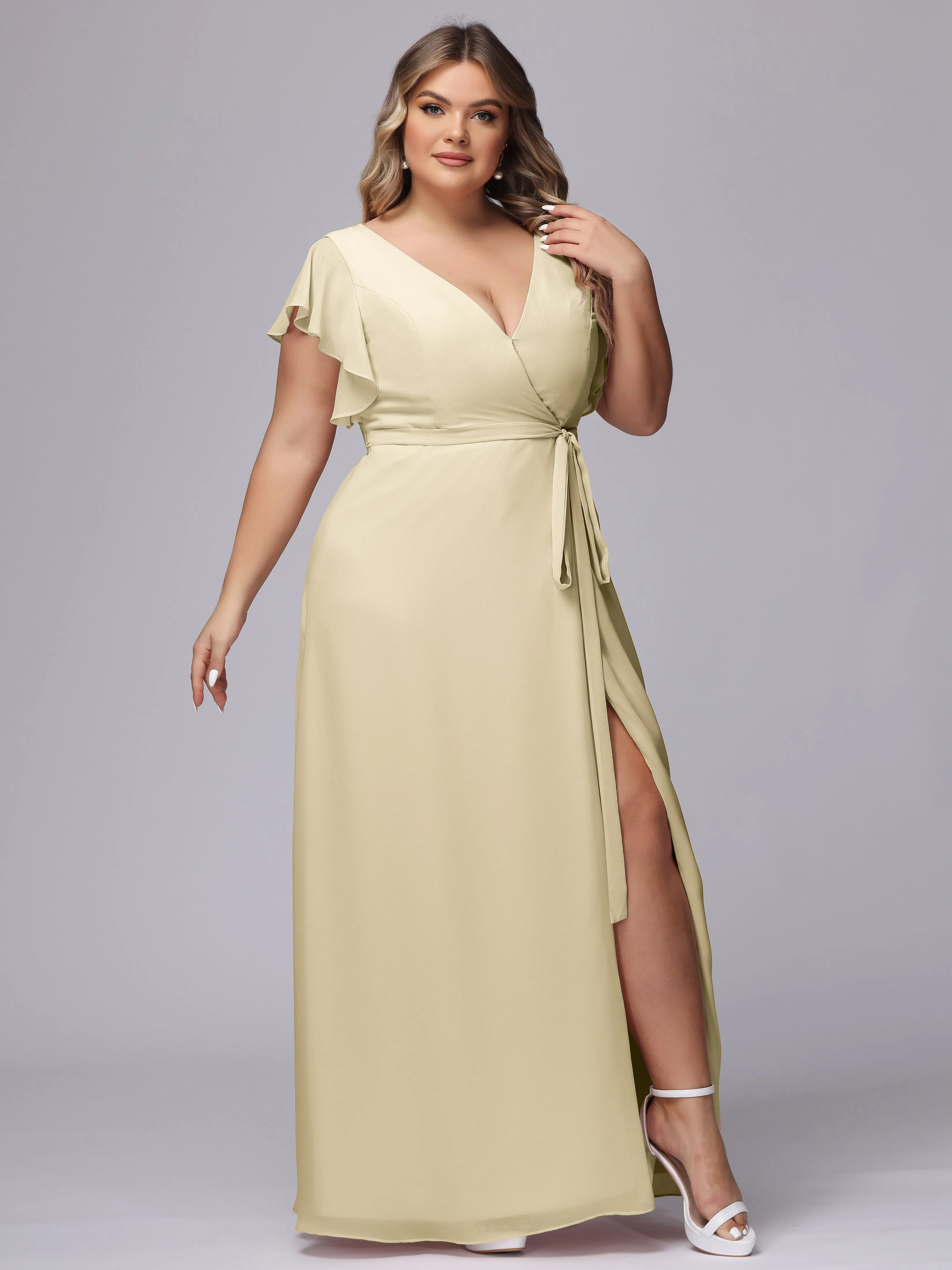 Simple V-neck Ruffled Sleeves Plus Size Chiffon Bridesmaid Dress