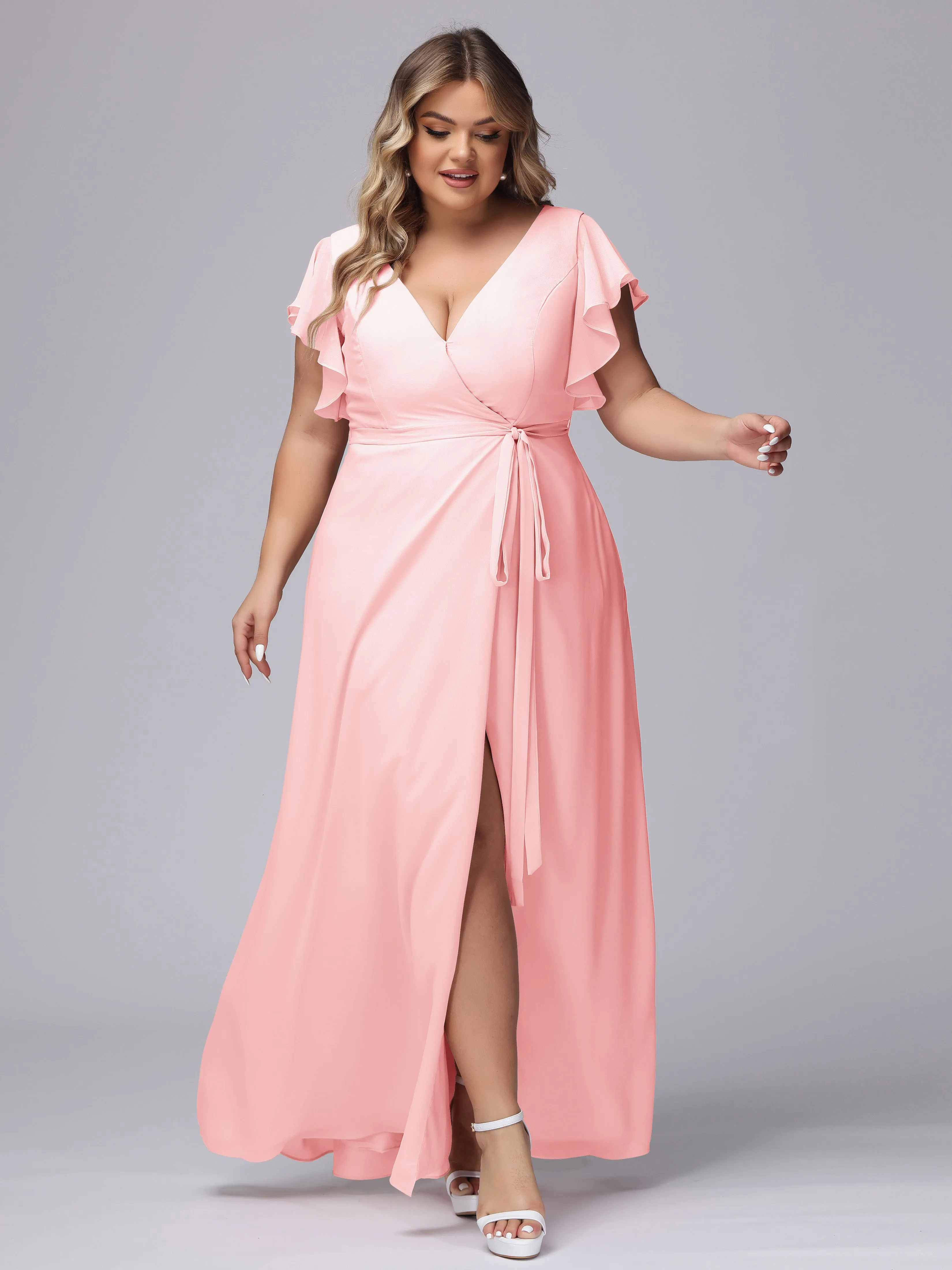 Simple V-neck Ruffled Sleeves Plus Size Chiffon Bridesmaid Dress