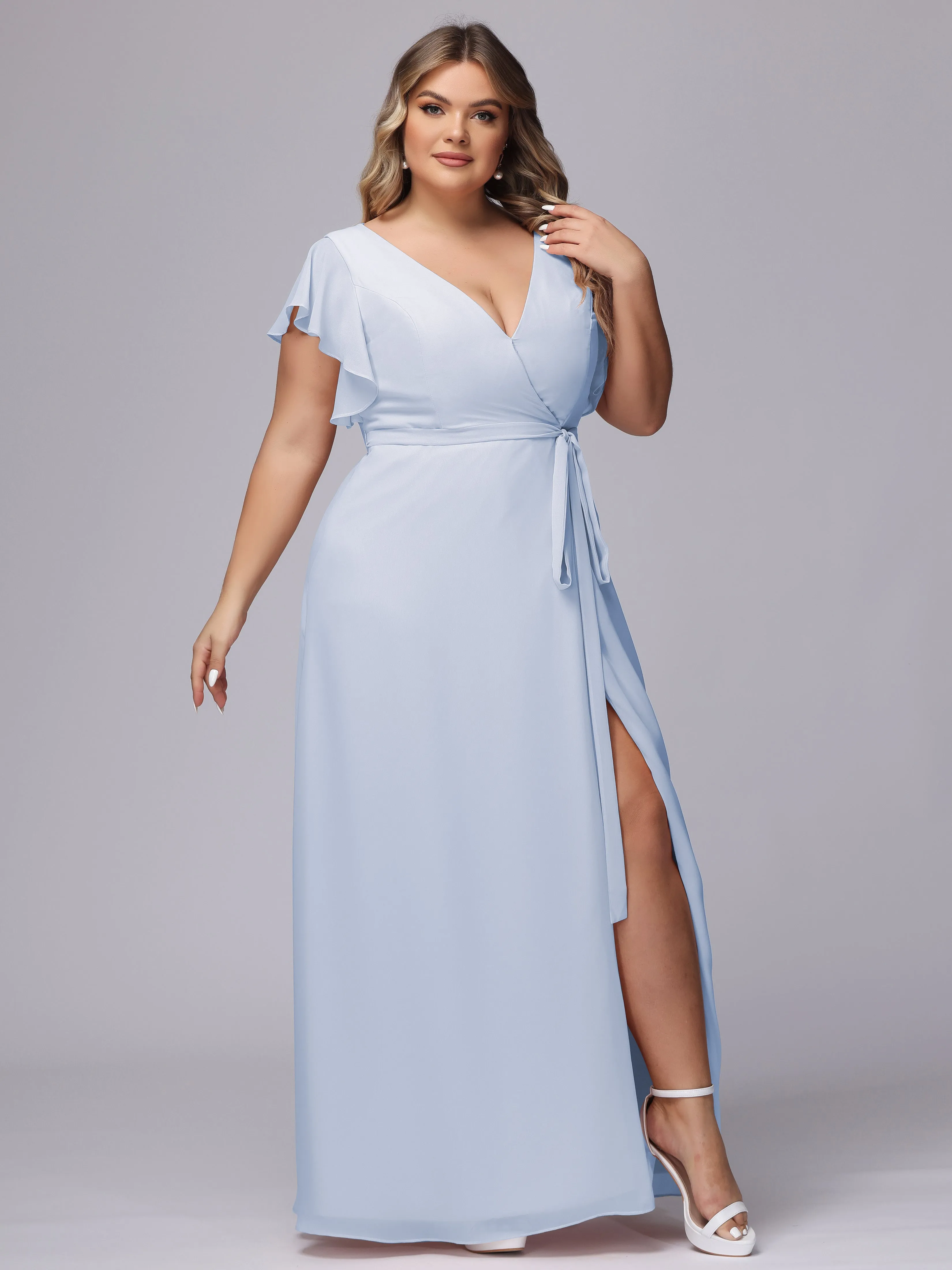 Simple V-neck Ruffled Sleeves Plus Size Chiffon Bridesmaid Dress