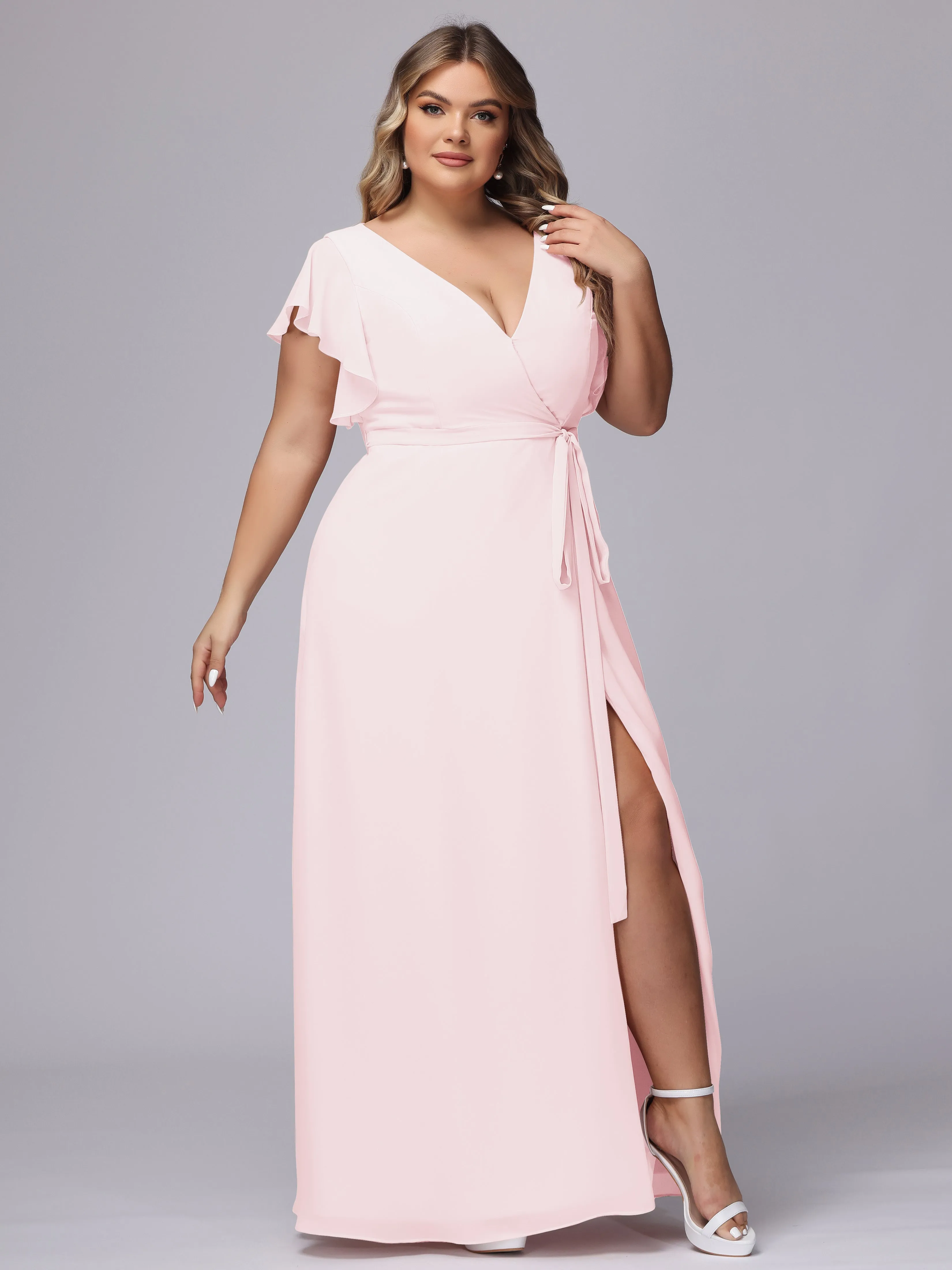 Simple V-neck Ruffled Sleeves Plus Size Chiffon Bridesmaid Dress
