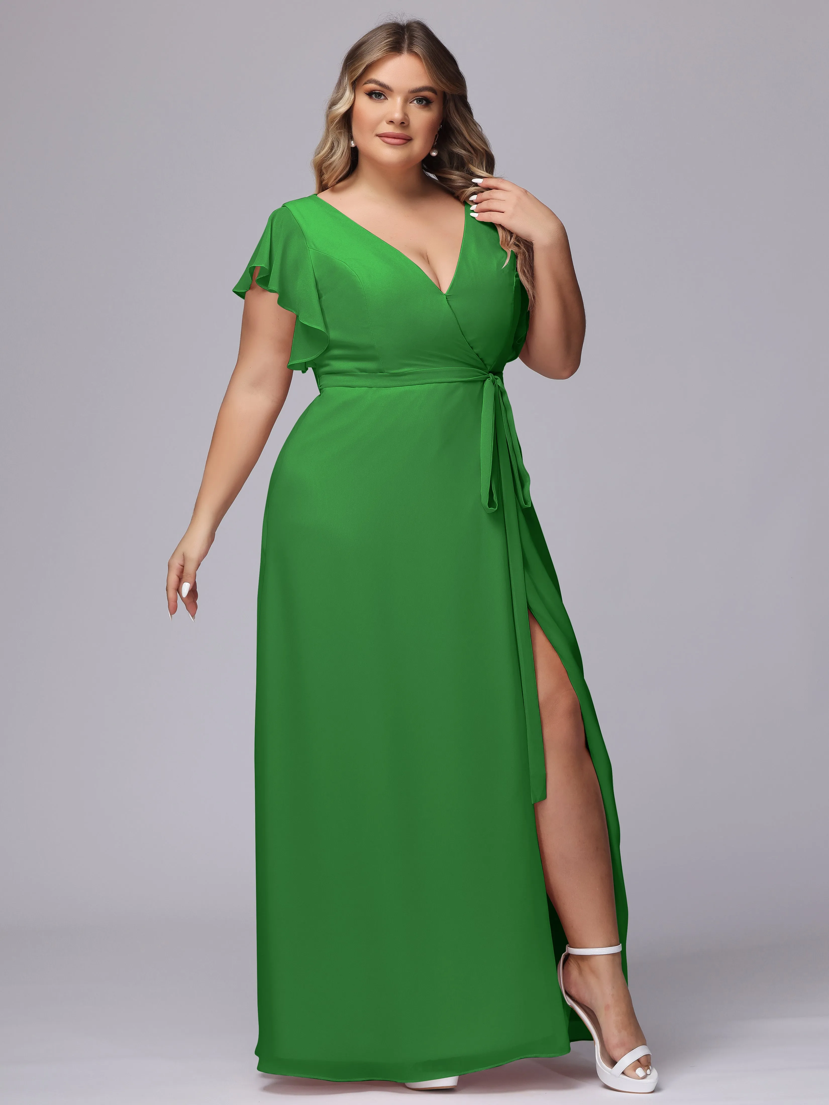 Simple V-neck Ruffled Sleeves Plus Size Chiffon Bridesmaid Dress