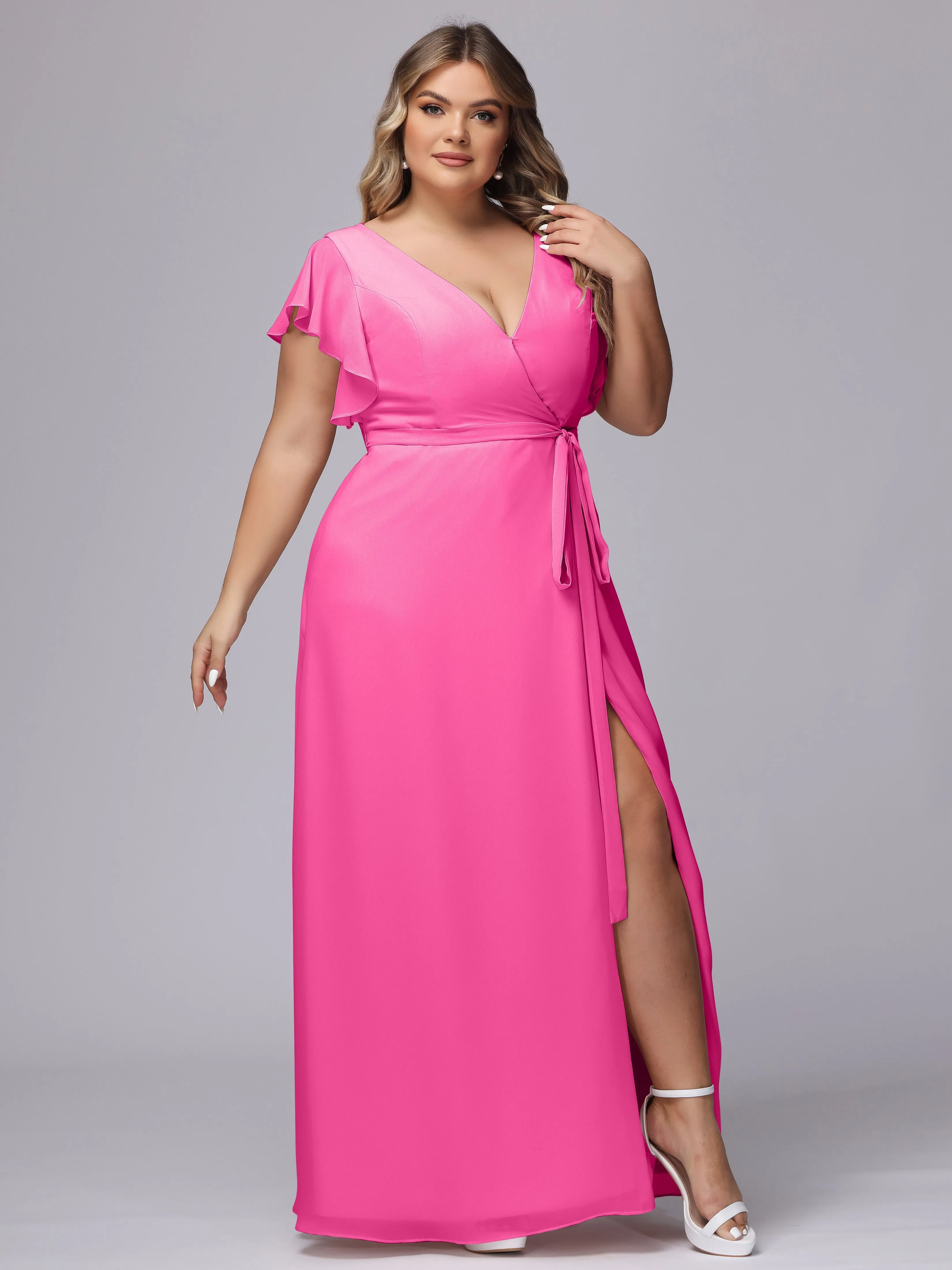 Simple V-neck Ruffled Sleeves Plus Size Chiffon Bridesmaid Dress