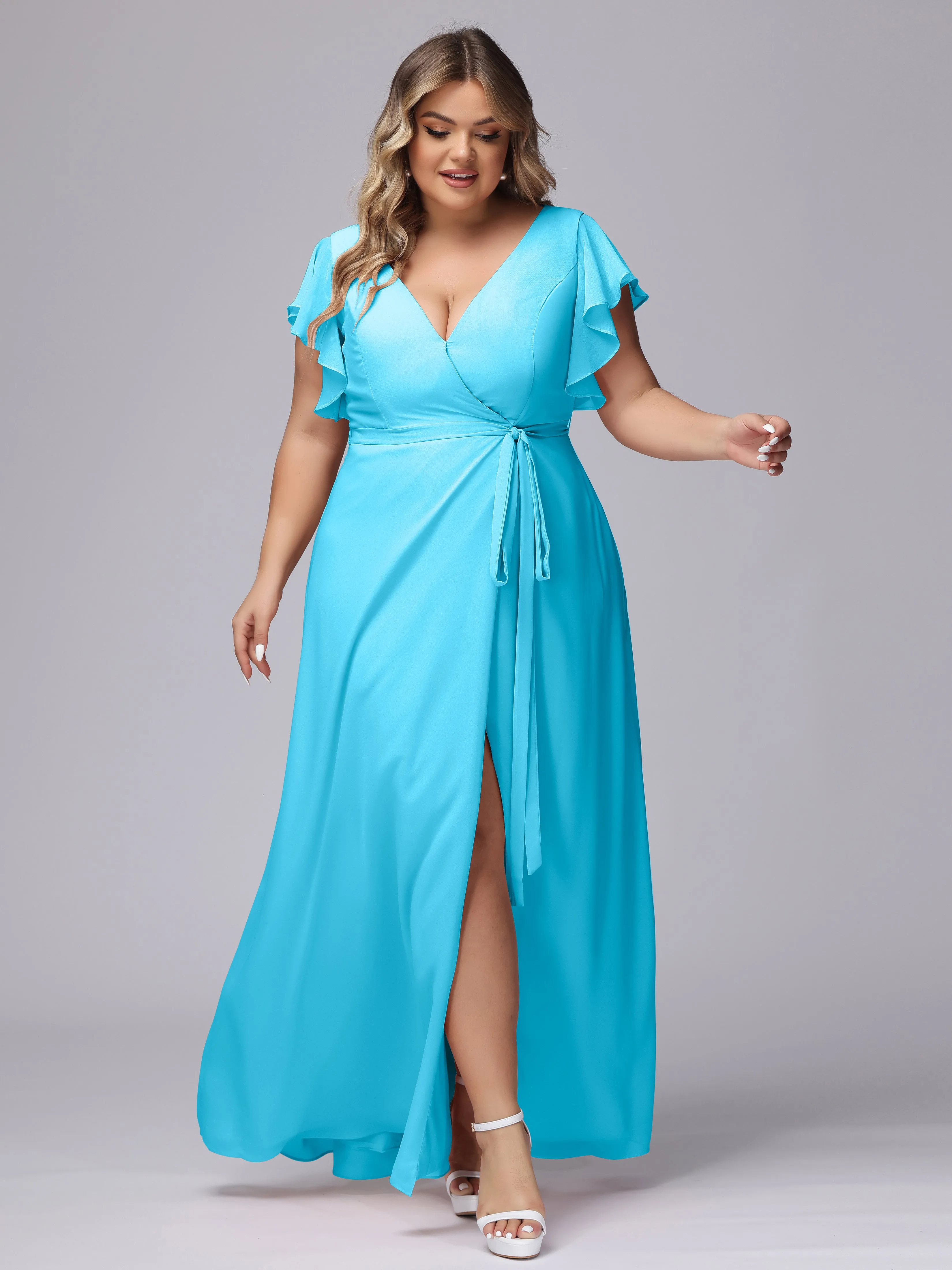 Simple V-neck Ruffled Sleeves Plus Size Chiffon Bridesmaid Dress