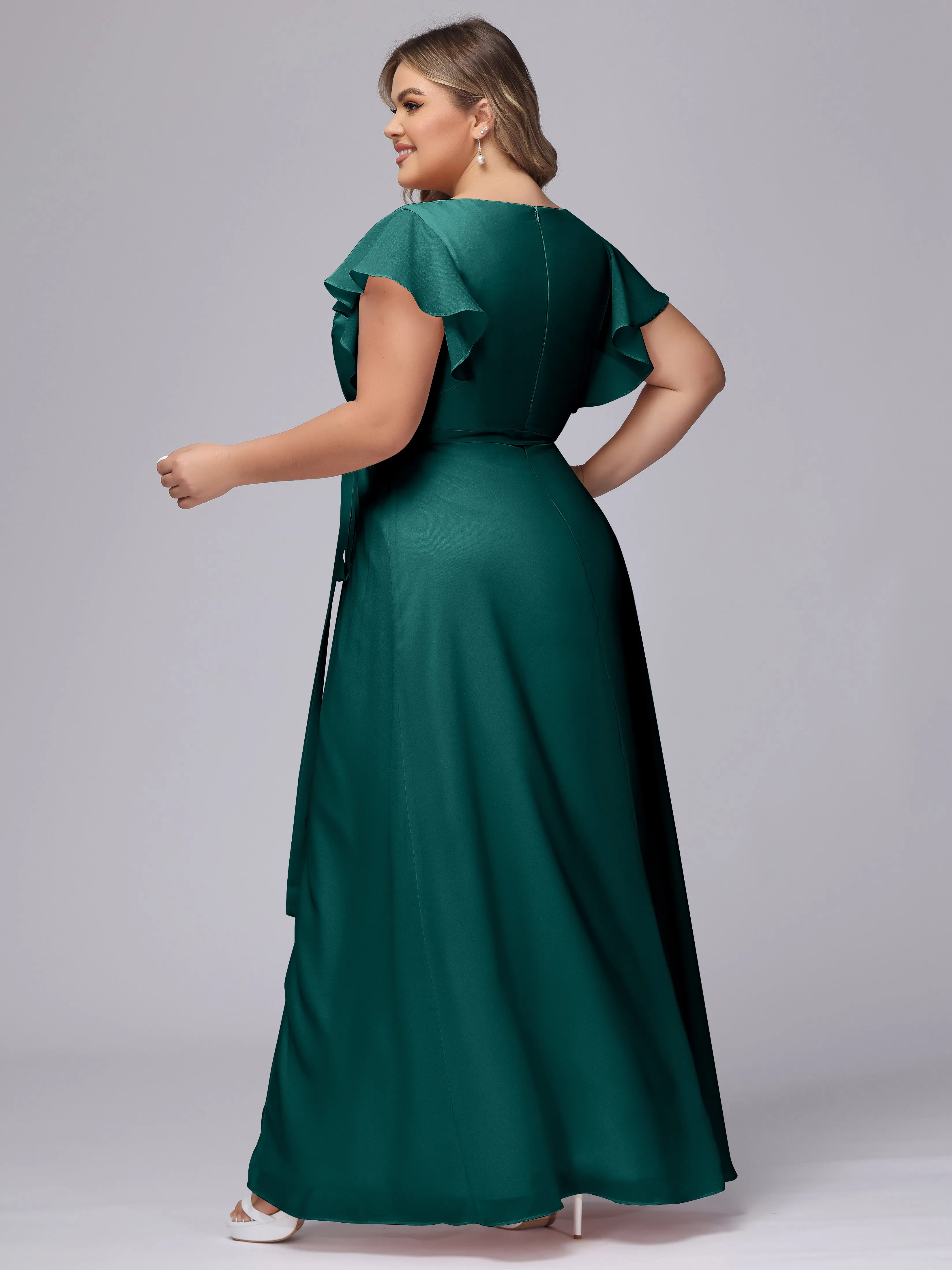 Simple V-neck Ruffled Sleeves Plus Size Chiffon Bridesmaid Dress