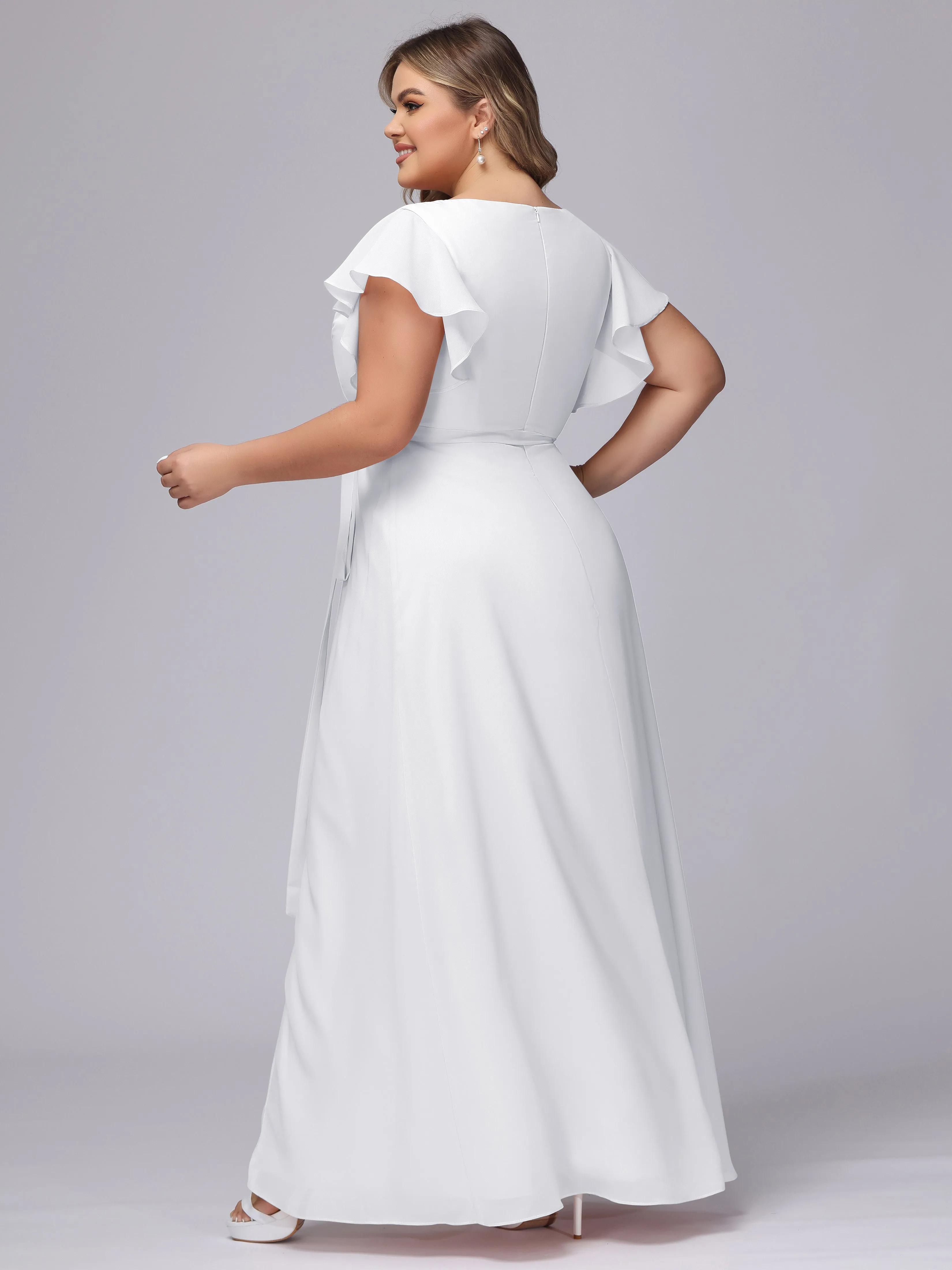 Simple V-neck Ruffled Sleeves Plus Size Chiffon Bridesmaid Dress