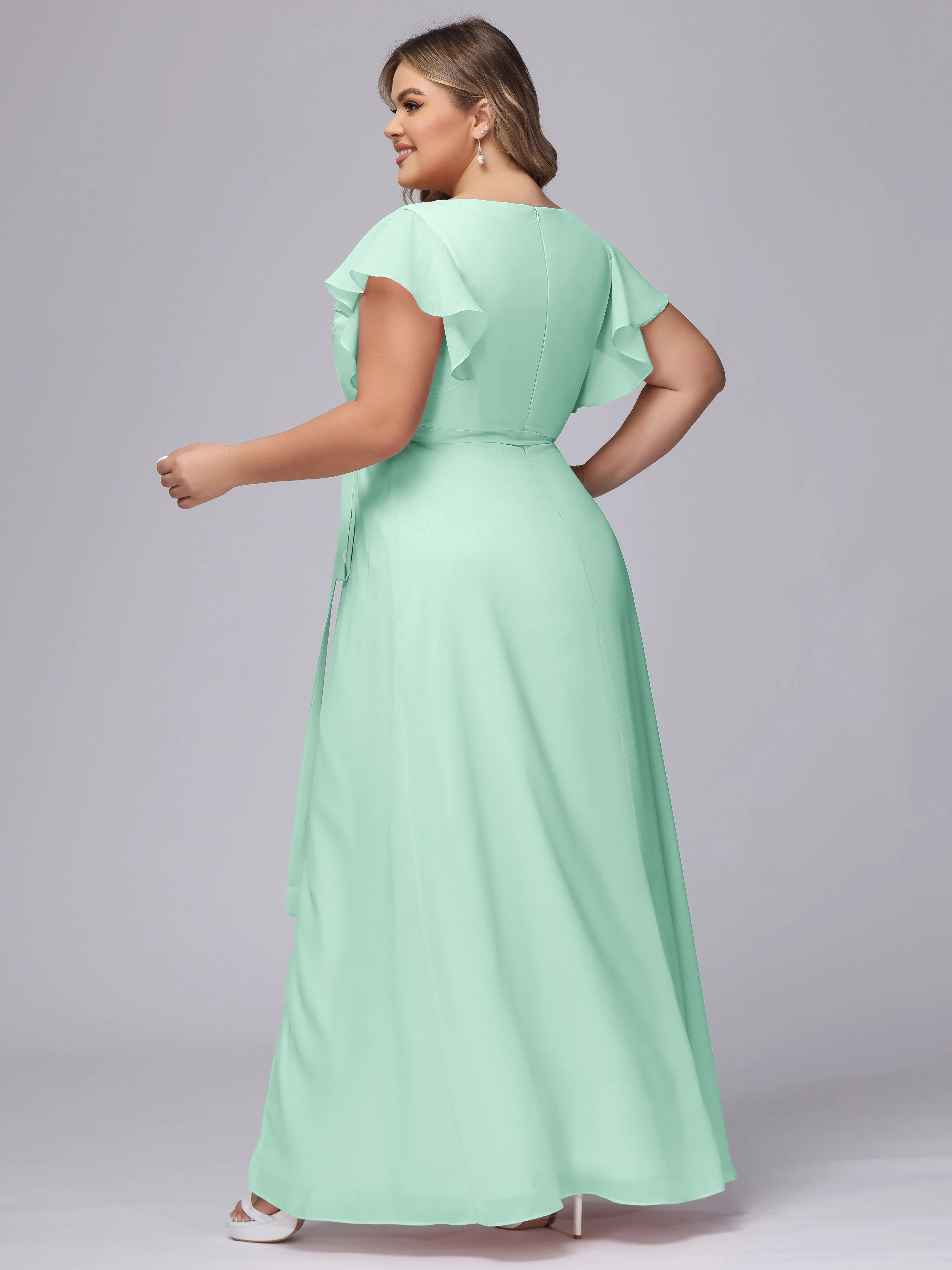 Simple V-neck Ruffled Sleeves Plus Size Chiffon Bridesmaid Dress
