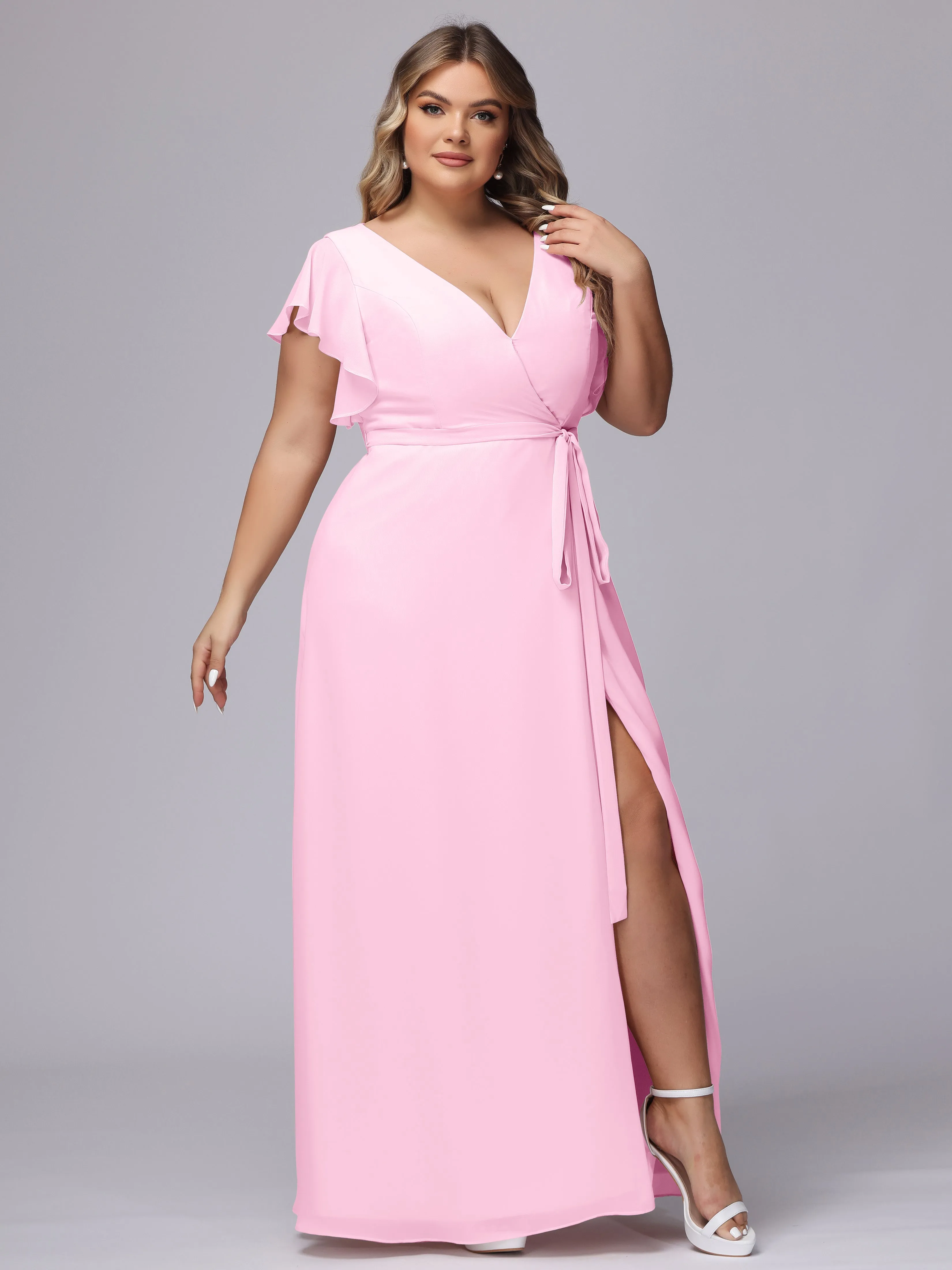 Simple V-neck Ruffled Sleeves Plus Size Chiffon Bridesmaid Dress