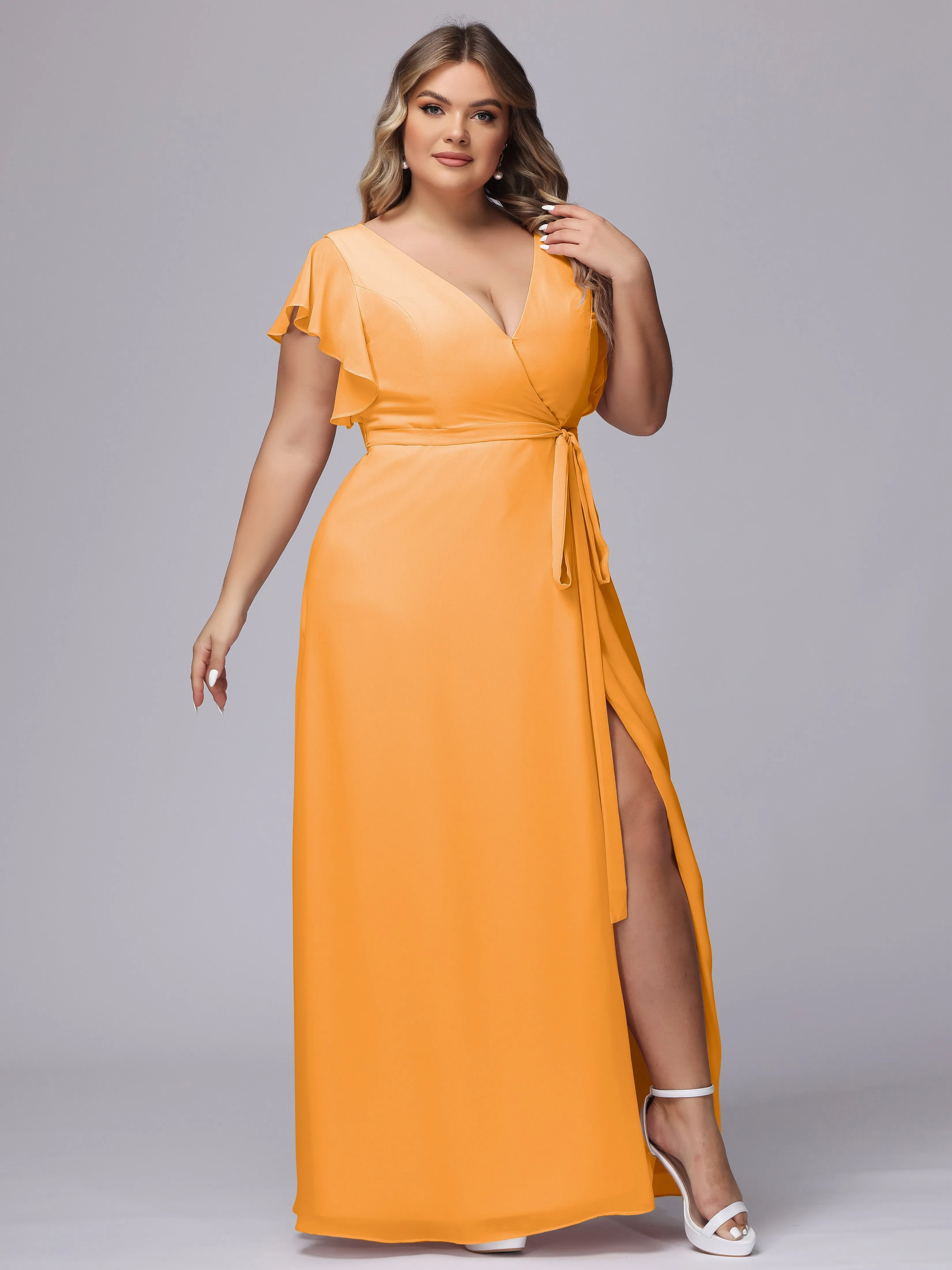 Simple V-neck Ruffled Sleeves Plus Size Chiffon Bridesmaid Dress