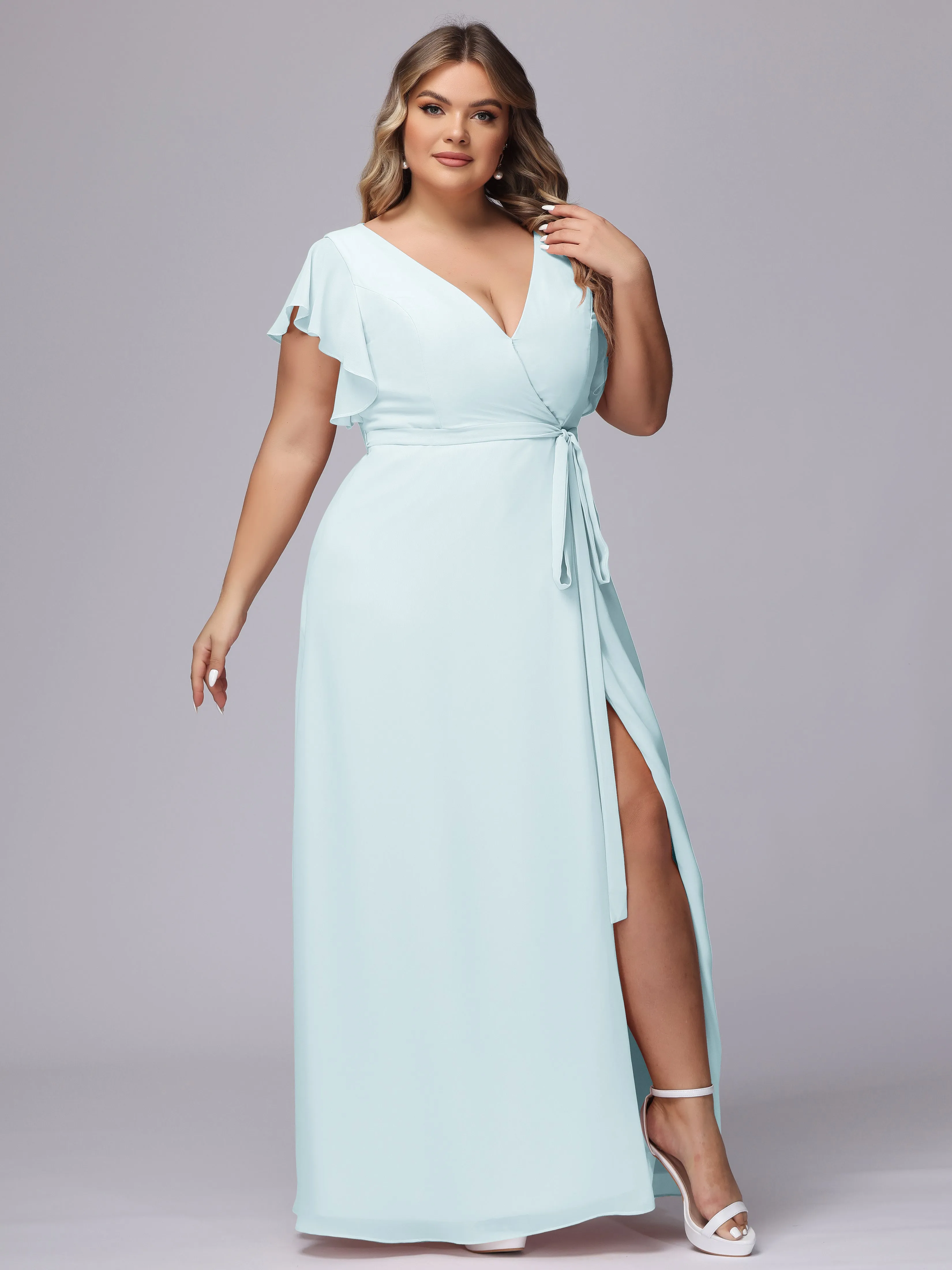 Simple V-neck Ruffled Sleeves Plus Size Chiffon Bridesmaid Dress