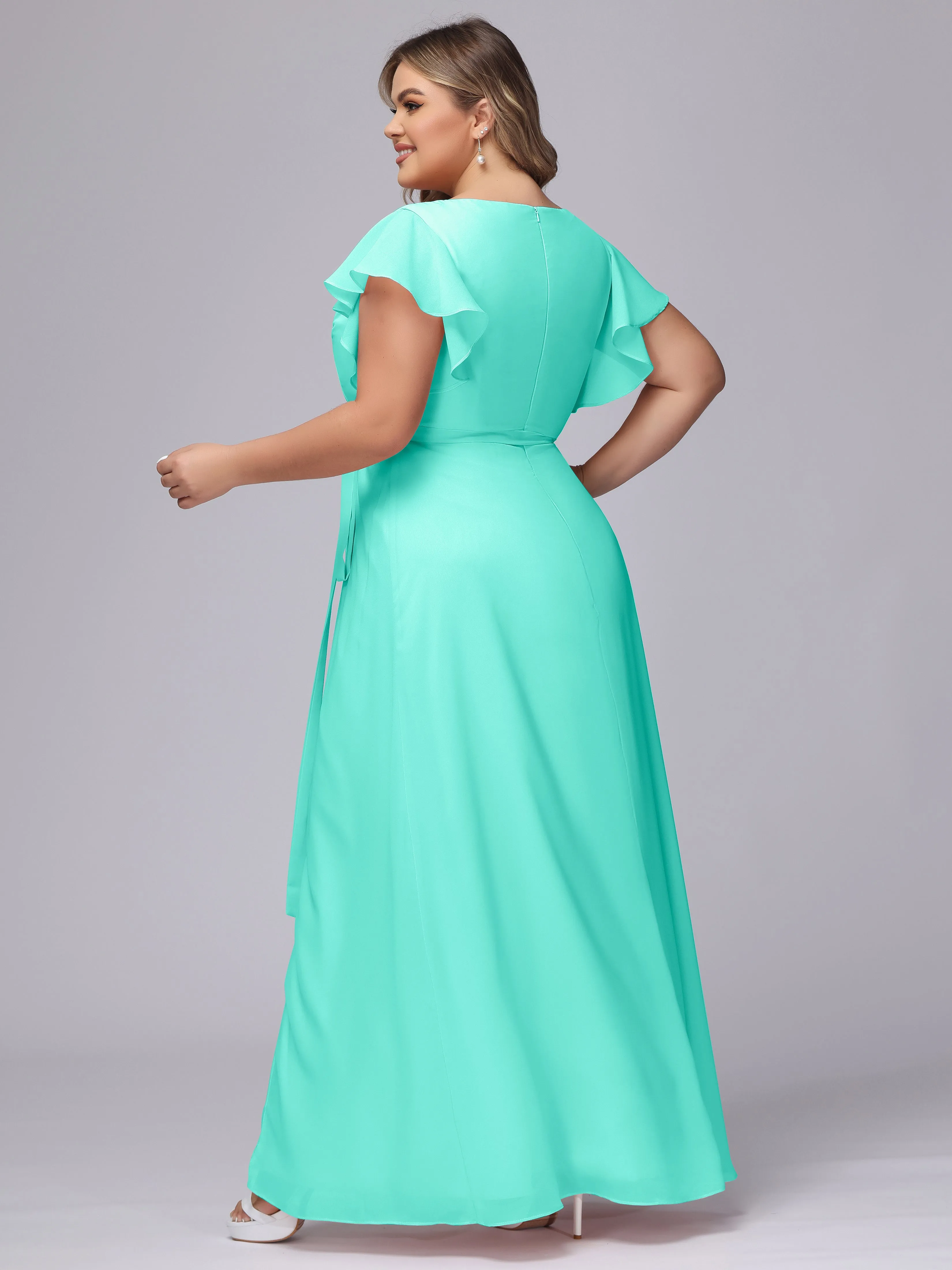 Simple V-neck Ruffled Sleeves Plus Size Chiffon Bridesmaid Dress