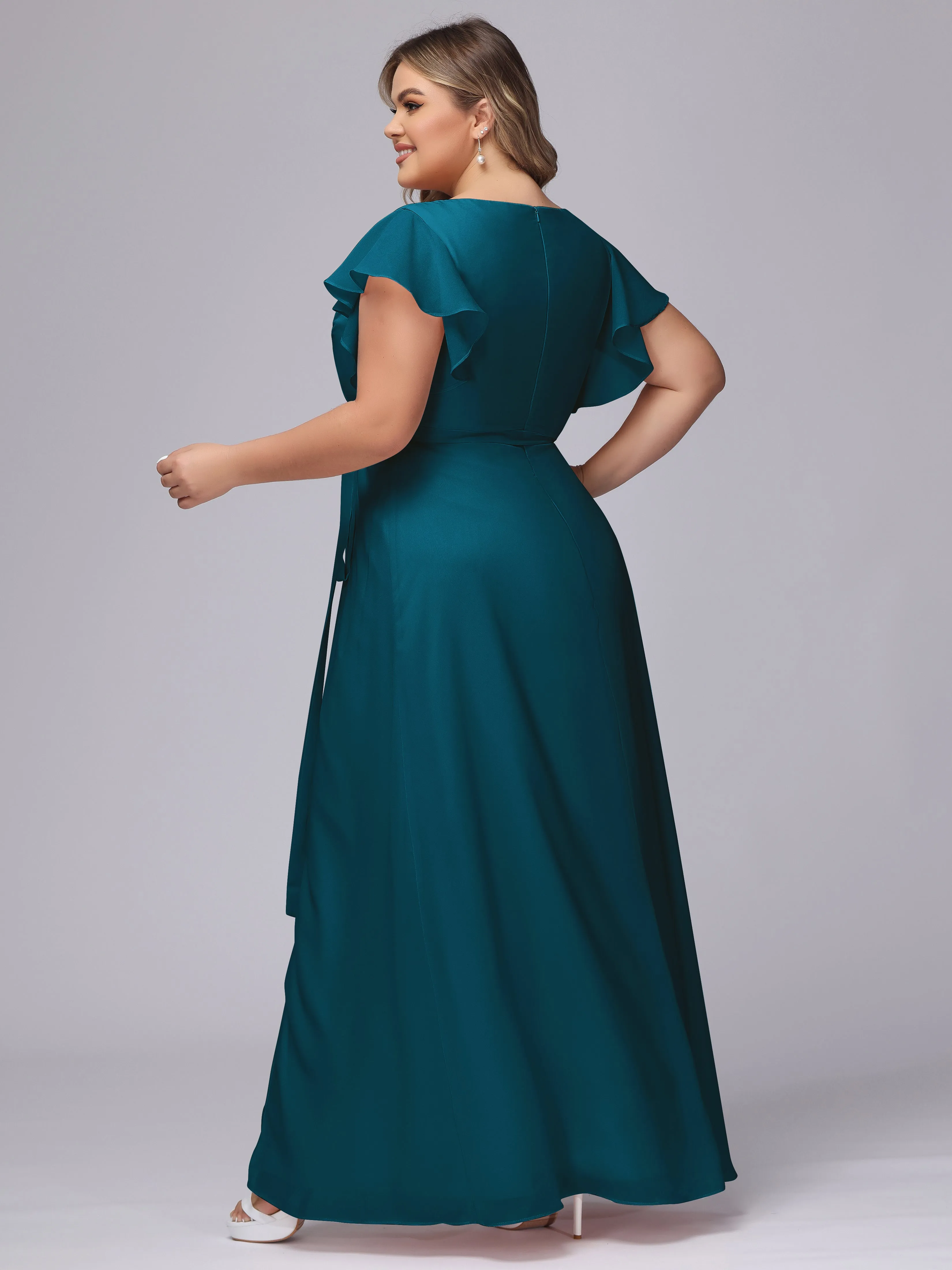Simple V-neck Ruffled Sleeves Plus Size Chiffon Bridesmaid Dress