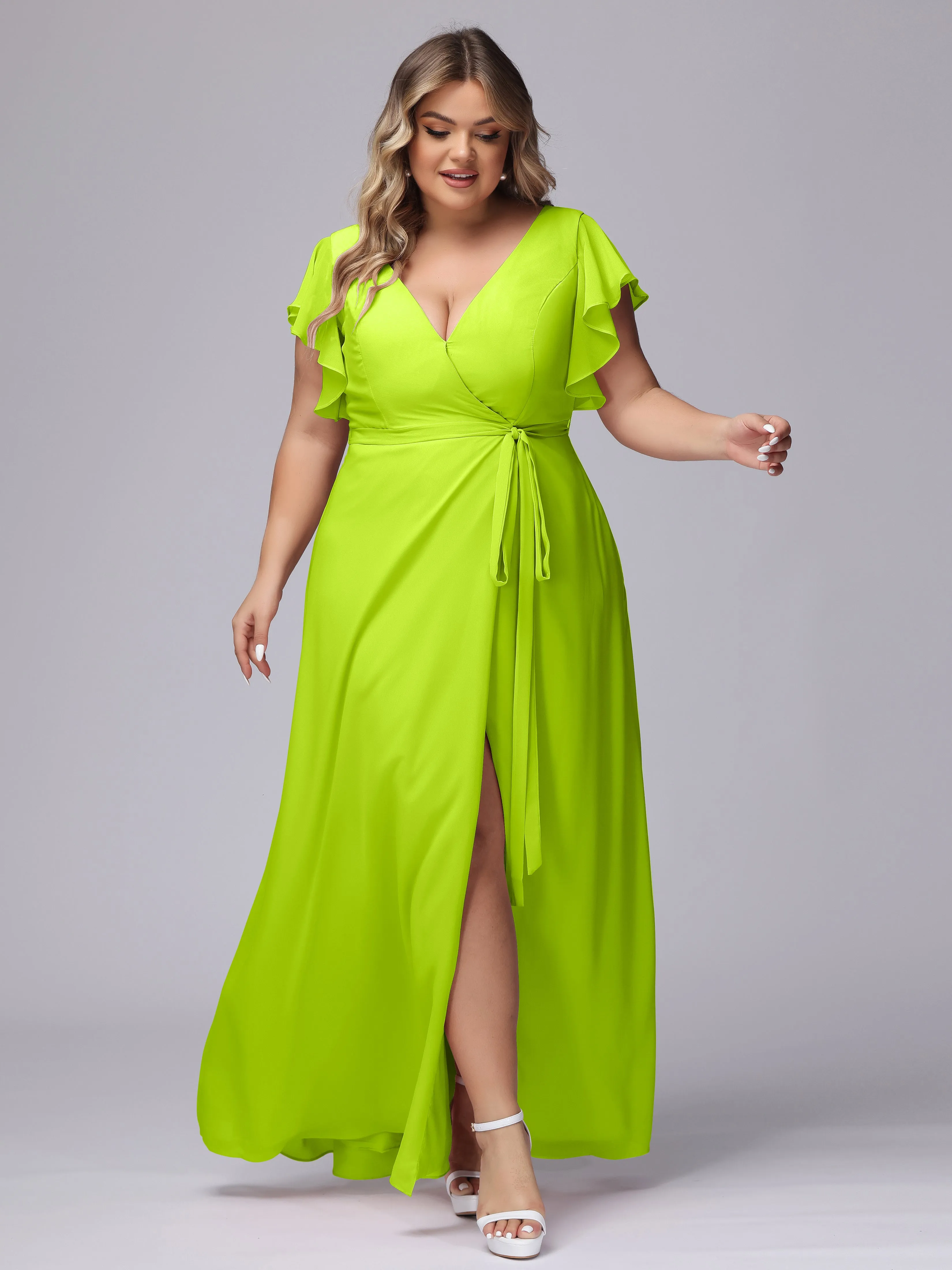 Simple V-neck Ruffled Sleeves Plus Size Chiffon Bridesmaid Dress