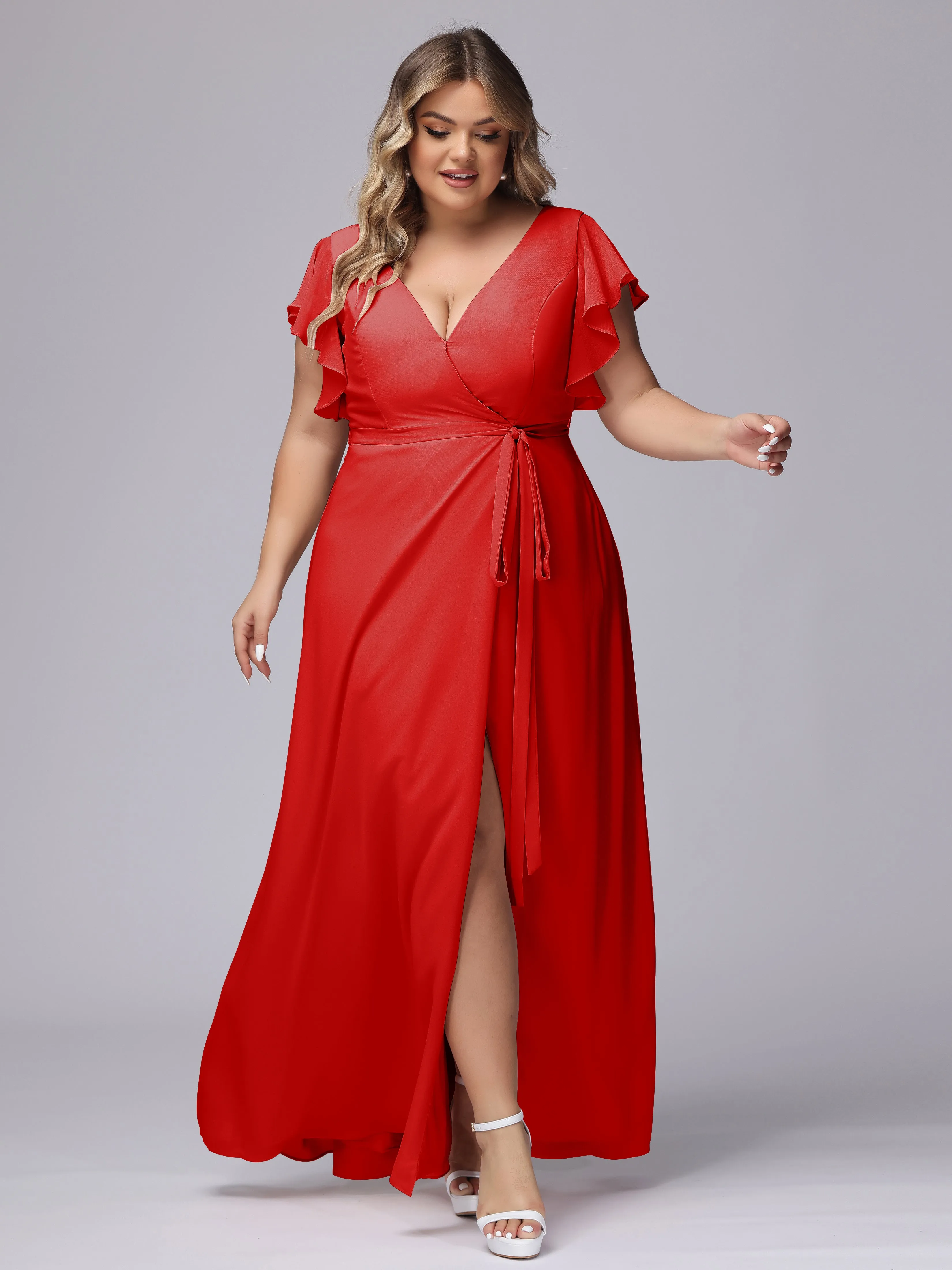 Simple V-neck Ruffled Sleeves Plus Size Chiffon Bridesmaid Dress