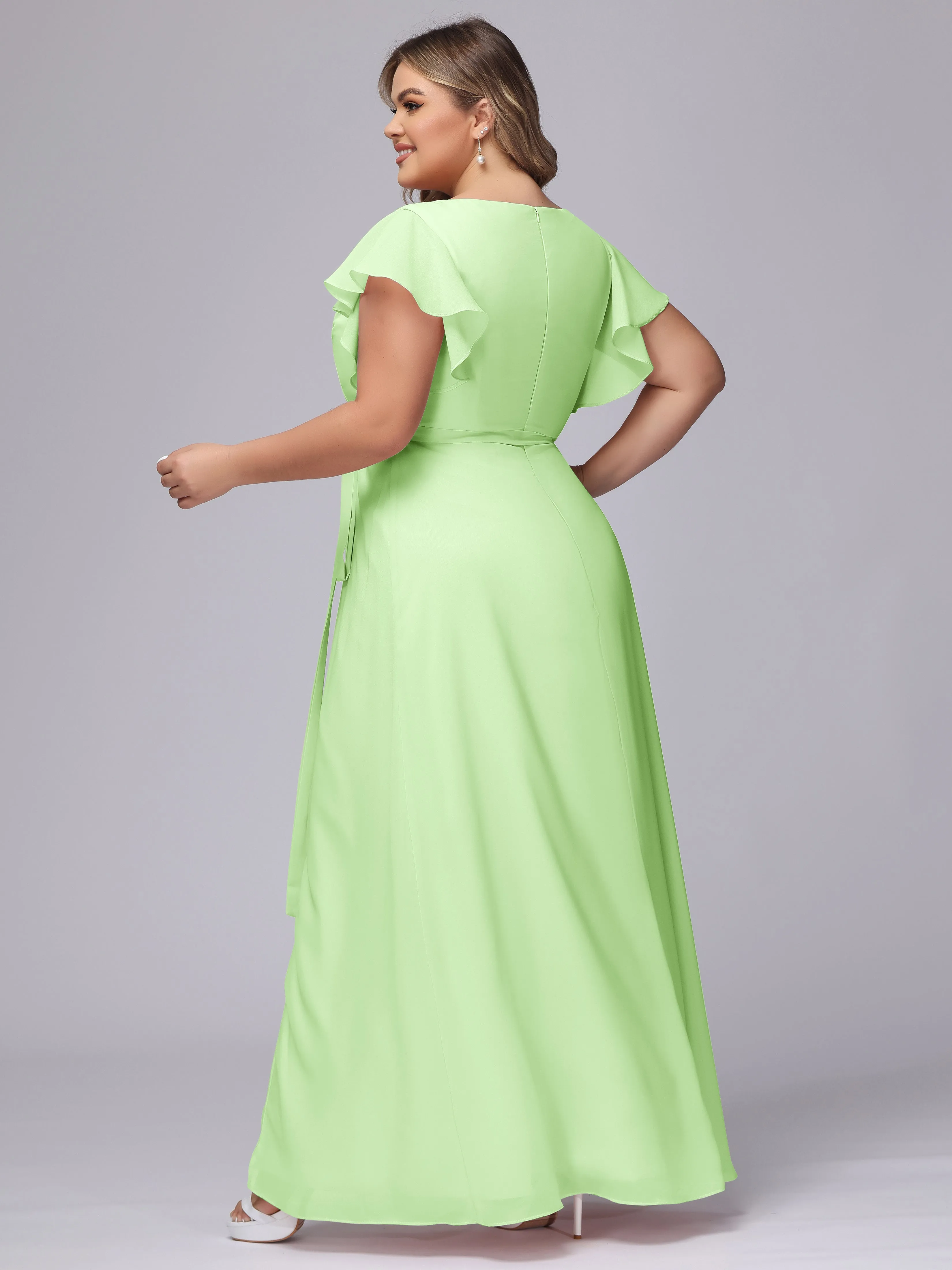 Simple V-neck Ruffled Sleeves Plus Size Chiffon Bridesmaid Dress
