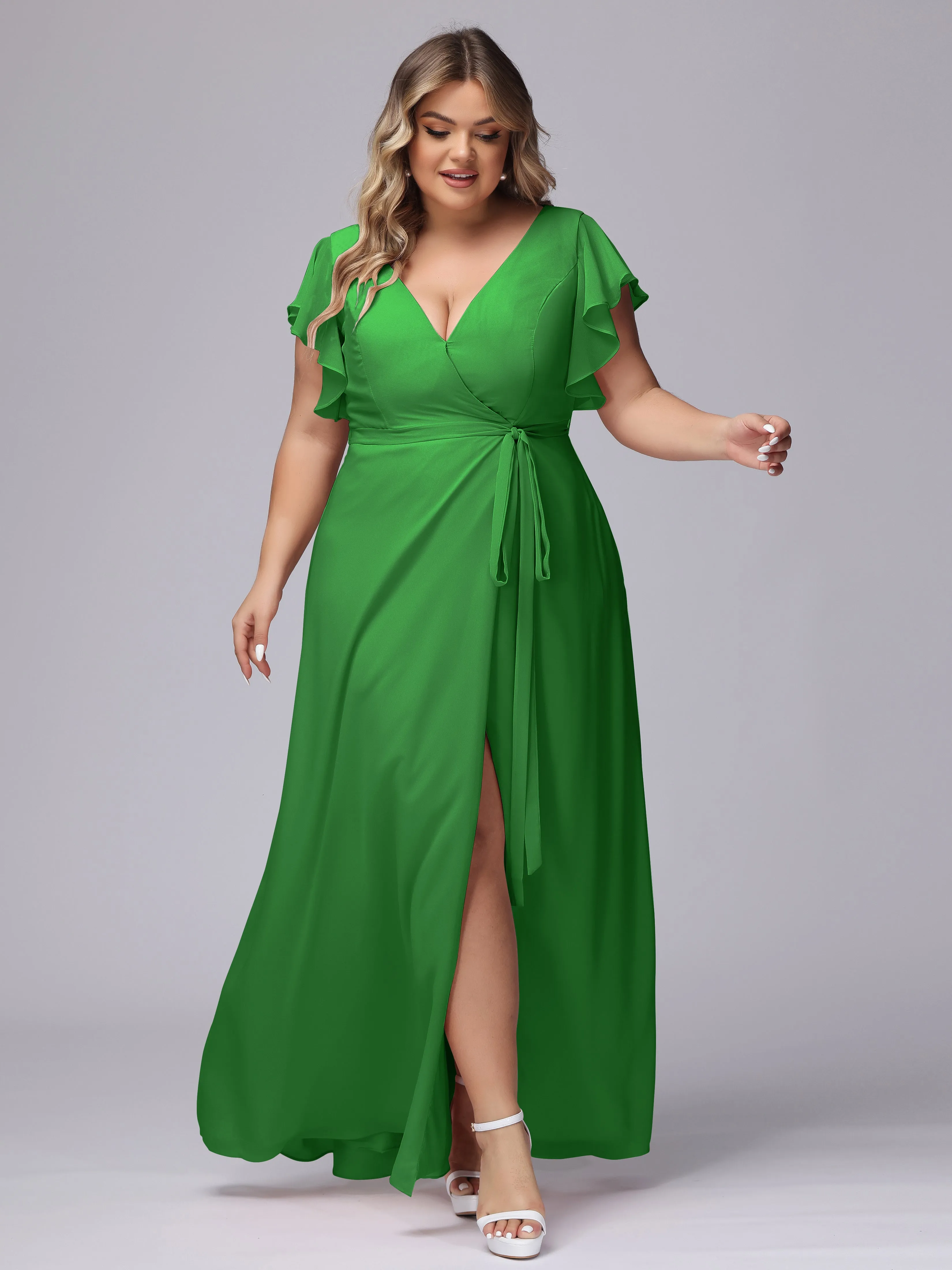 Simple V-neck Ruffled Sleeves Plus Size Chiffon Bridesmaid Dress