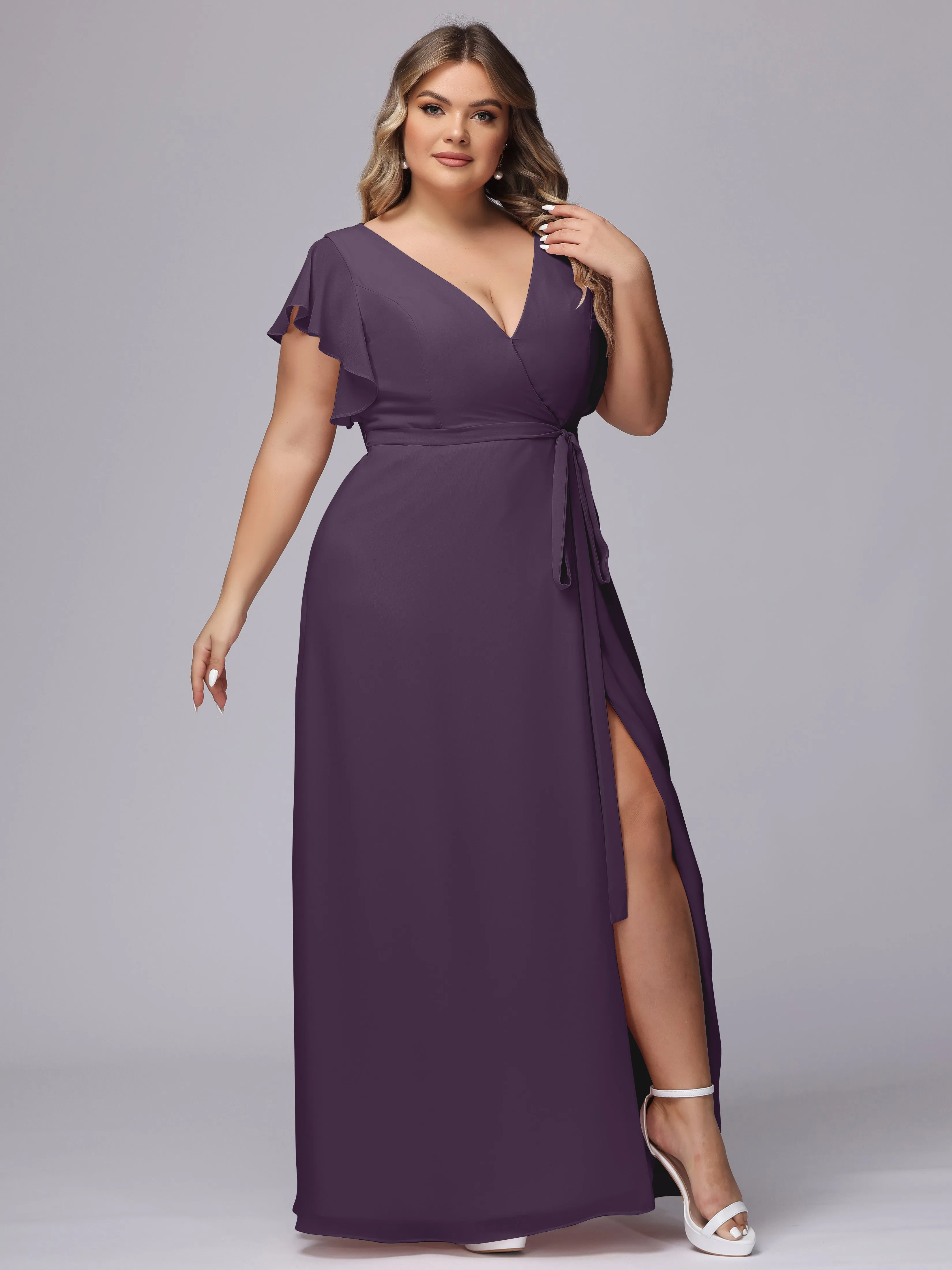 Simple V-neck Ruffled Sleeves Plus Size Chiffon Bridesmaid Dress