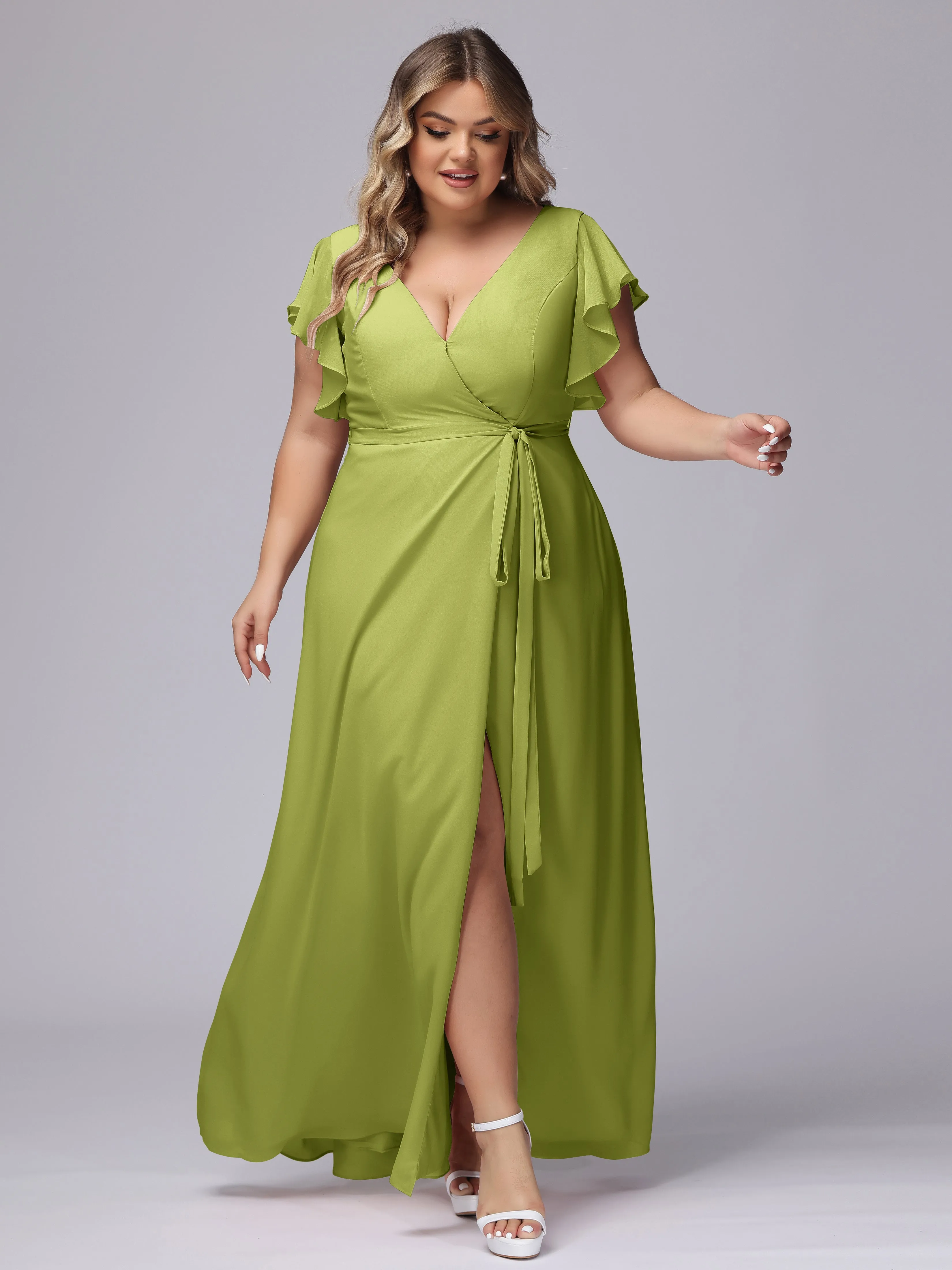 Simple V-neck Ruffled Sleeves Plus Size Chiffon Bridesmaid Dress