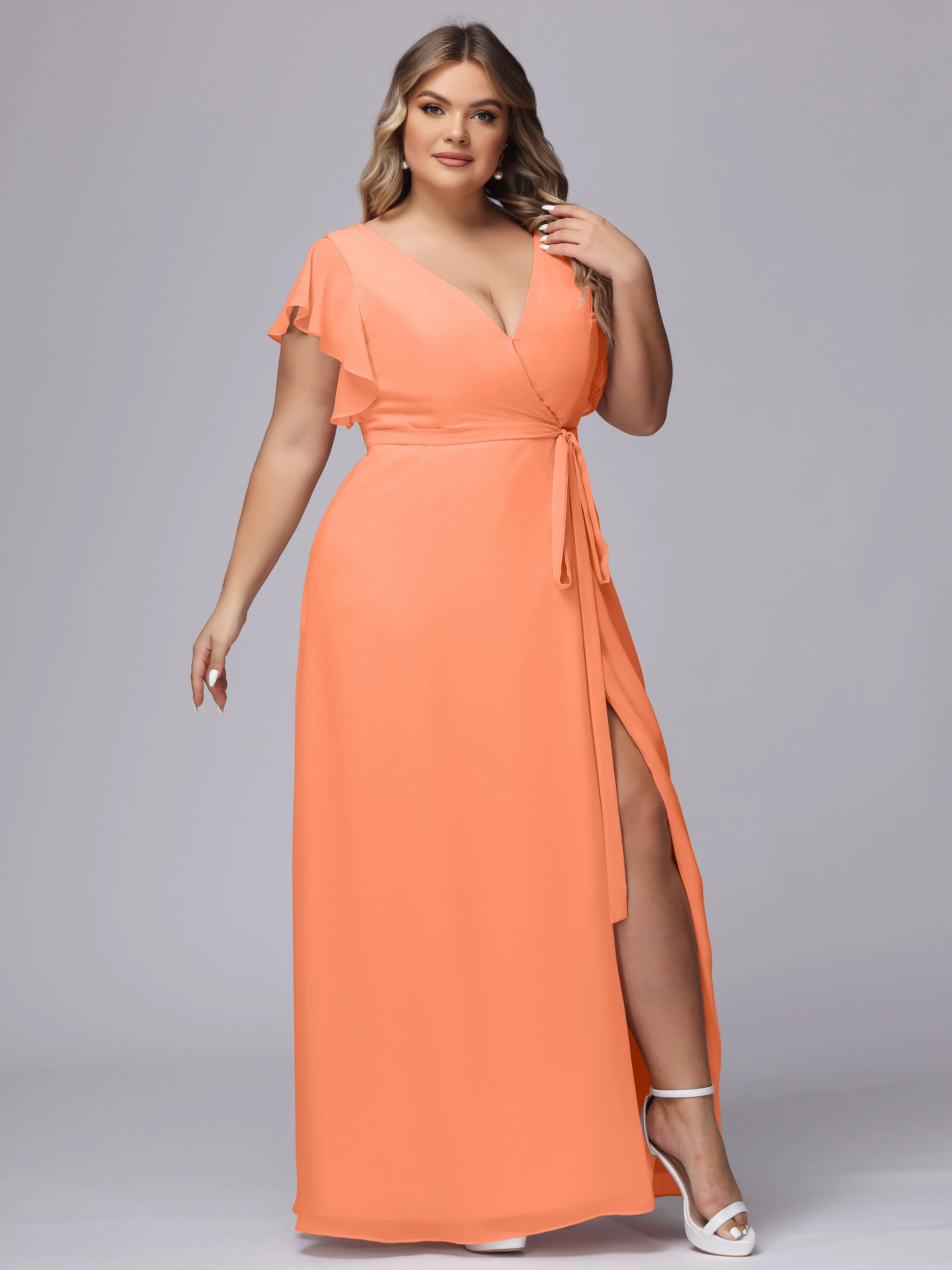 Simple V-neck Ruffled Sleeves Plus Size Chiffon Bridesmaid Dress