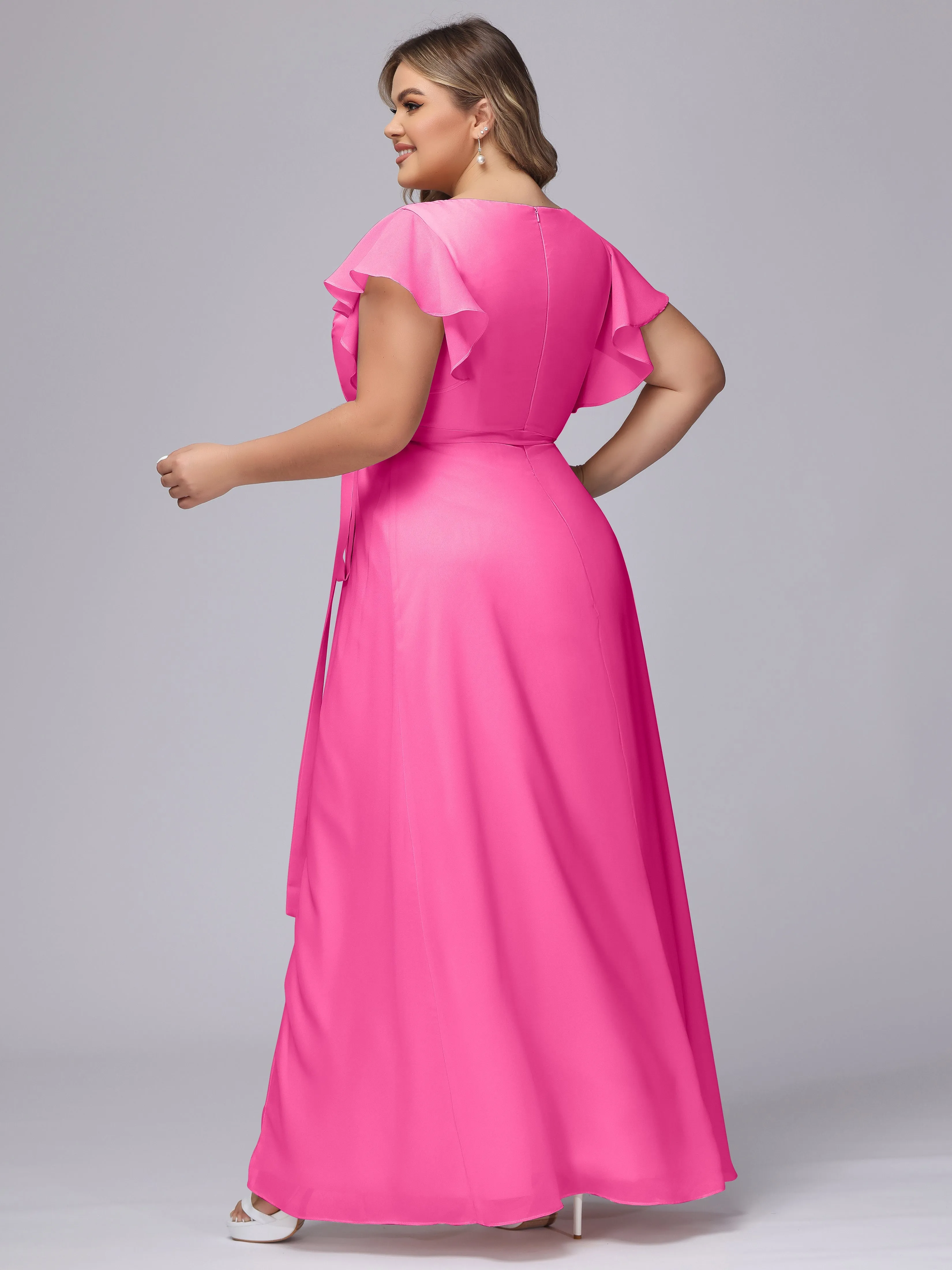 Simple V-neck Ruffled Sleeves Plus Size Chiffon Bridesmaid Dress