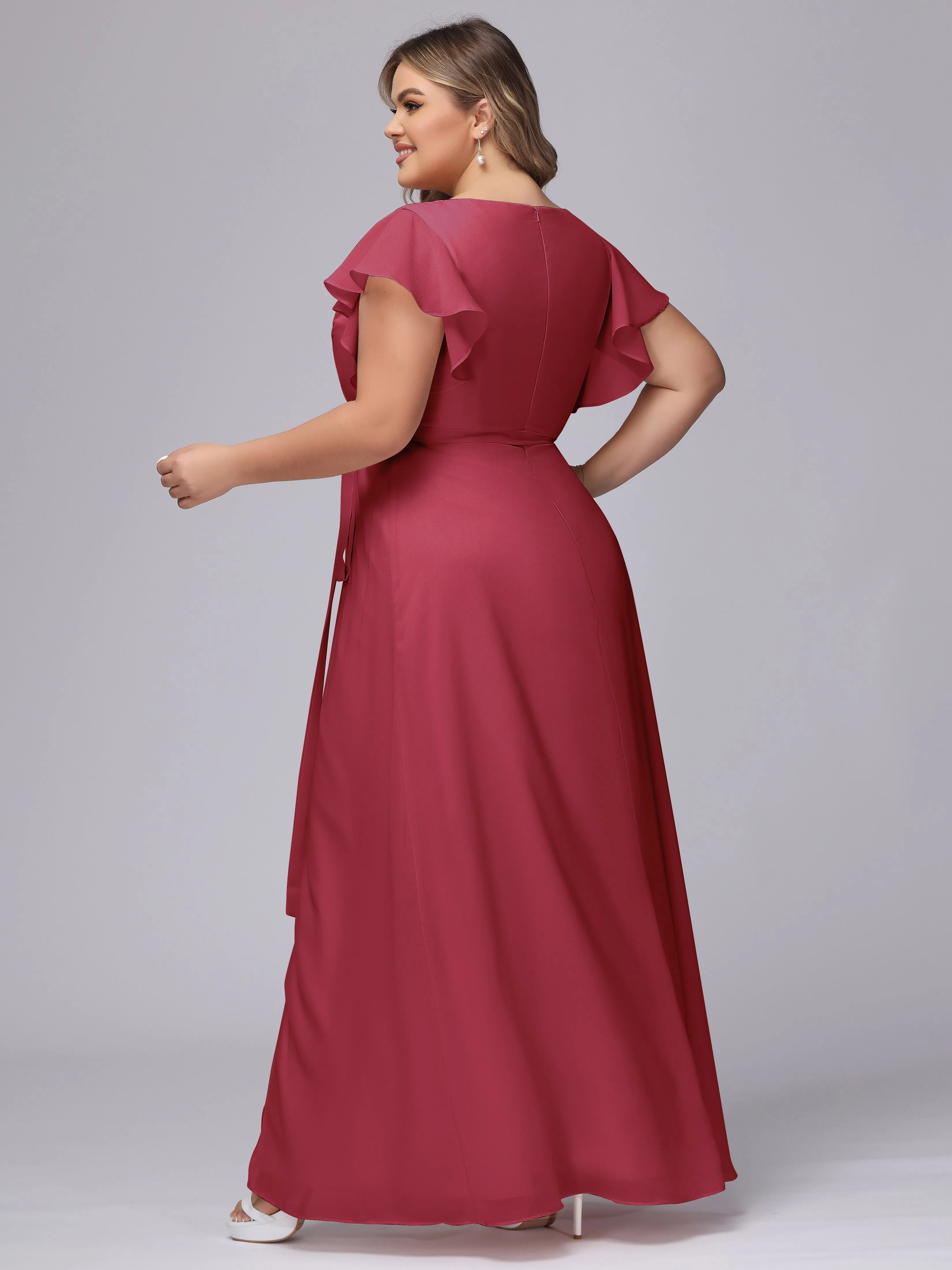 Simple V-neck Ruffled Sleeves Plus Size Chiffon Bridesmaid Dress