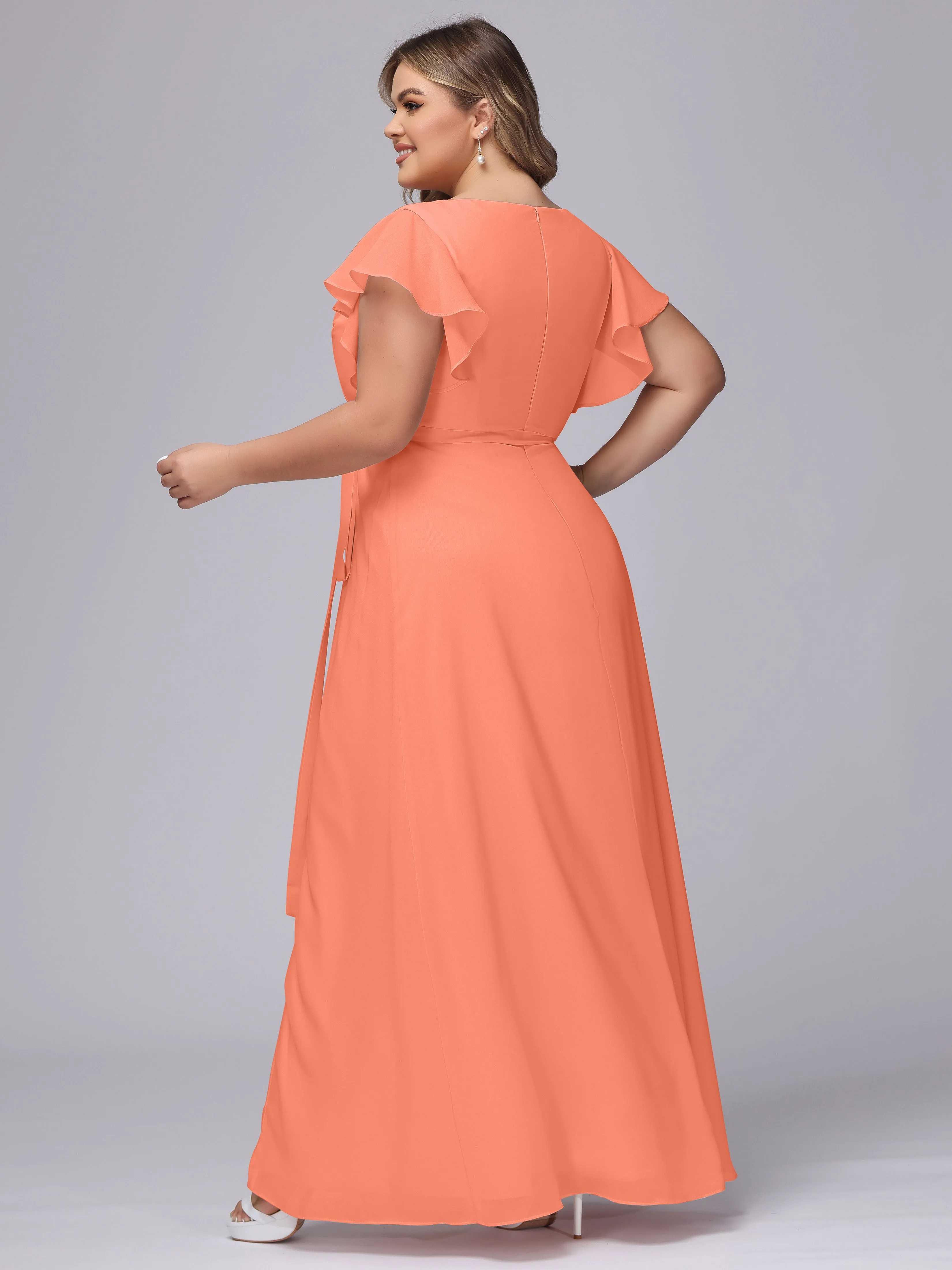Simple V-neck Ruffled Sleeves Plus Size Chiffon Bridesmaid Dress