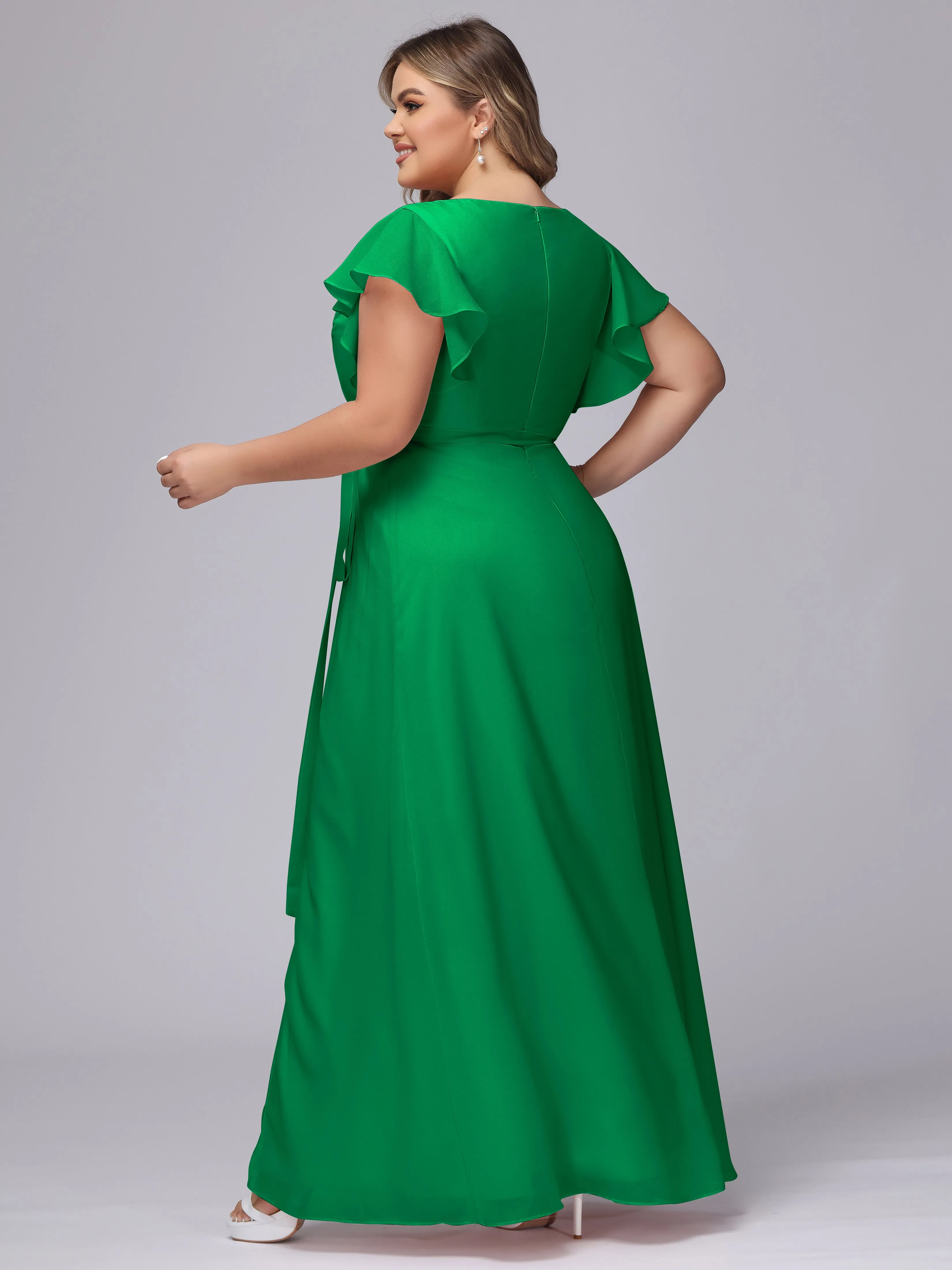 Simple V-neck Ruffled Sleeves Plus Size Chiffon Bridesmaid Dress