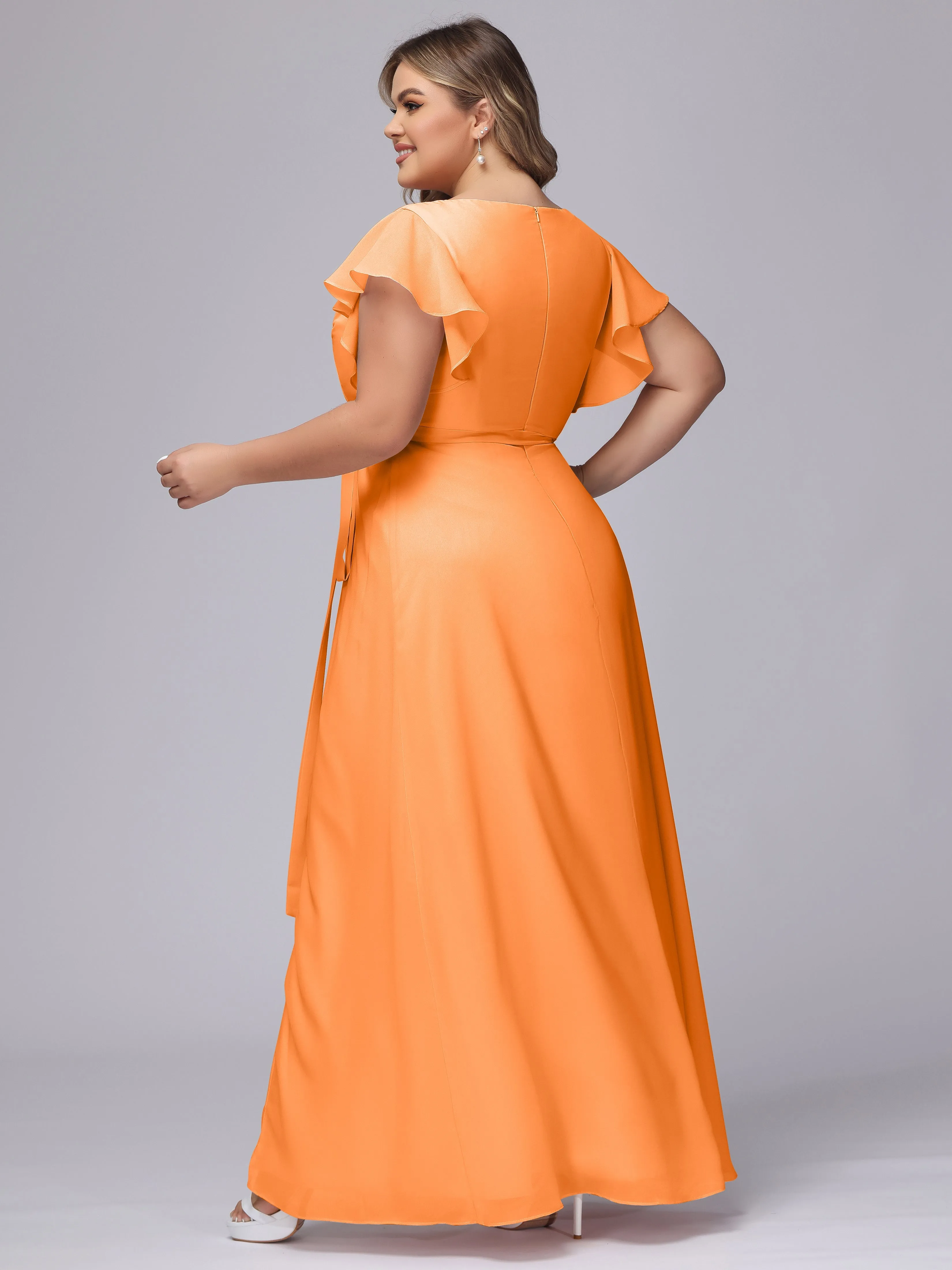 Simple V-neck Ruffled Sleeves Plus Size Chiffon Bridesmaid Dress