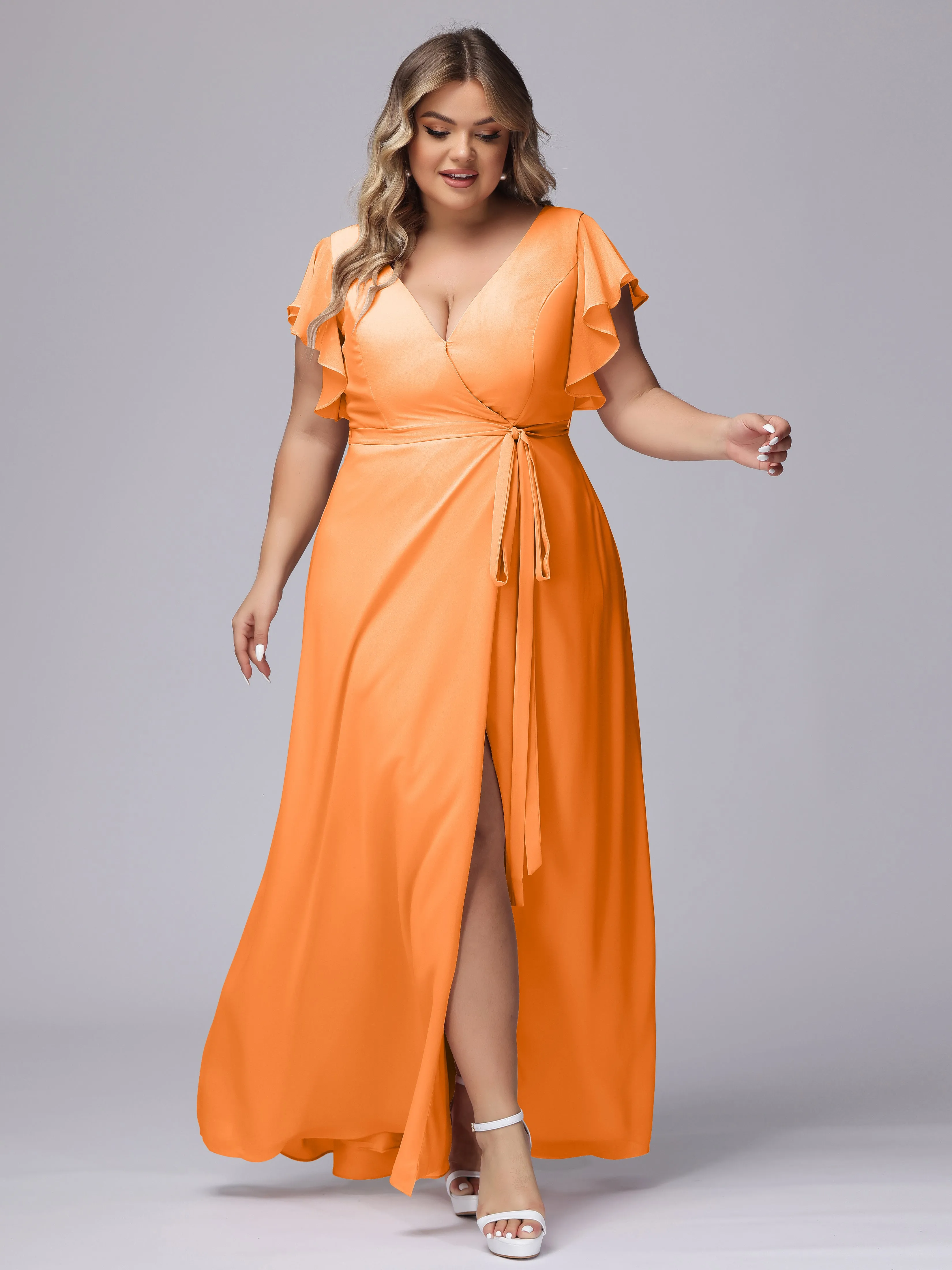 Simple V-neck Ruffled Sleeves Plus Size Chiffon Bridesmaid Dress