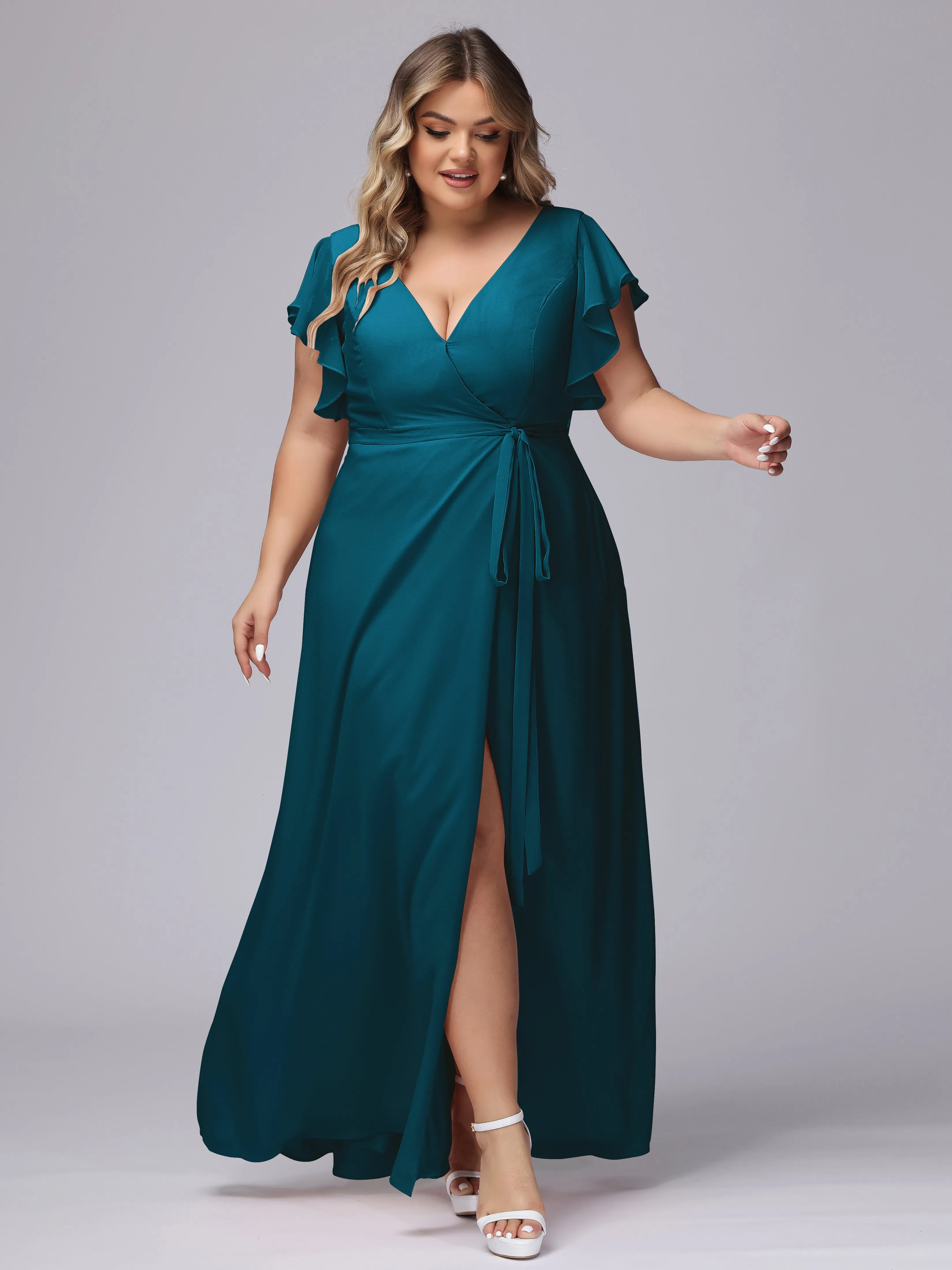 Simple V-neck Ruffled Sleeves Plus Size Chiffon Bridesmaid Dress