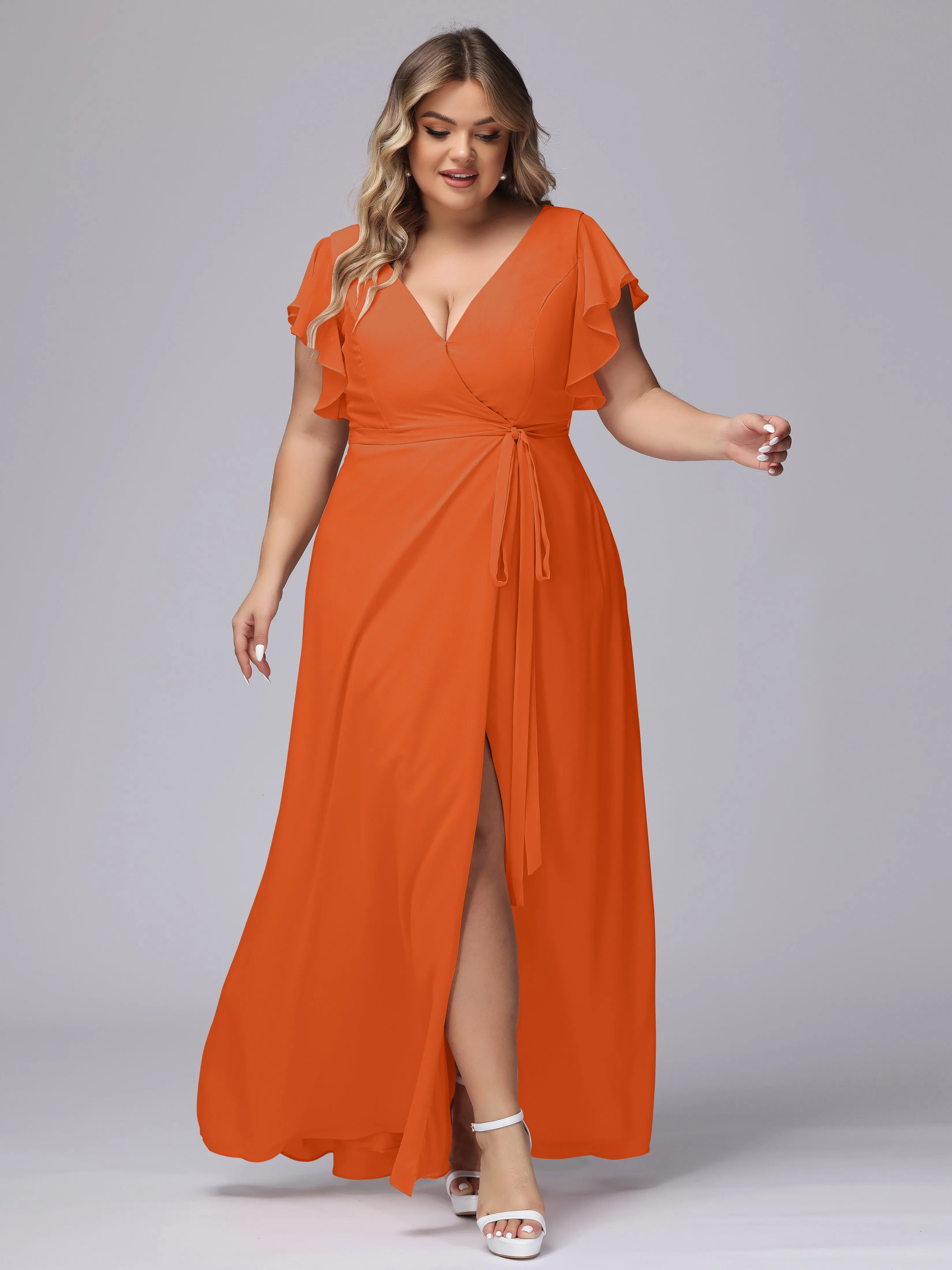 Simple V-neck Ruffled Sleeves Plus Size Chiffon Bridesmaid Dress