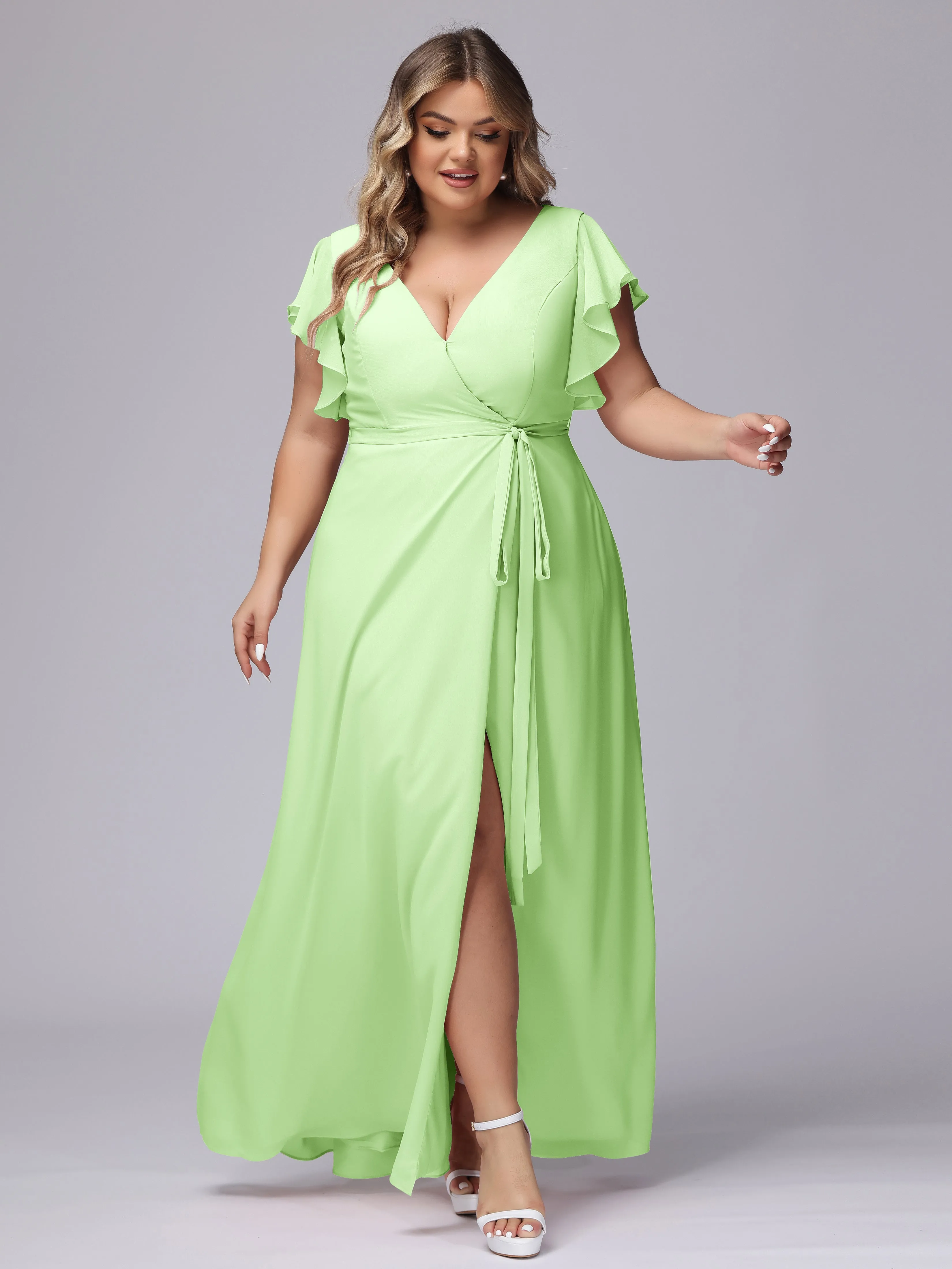 Simple V-neck Ruffled Sleeves Plus Size Chiffon Bridesmaid Dress