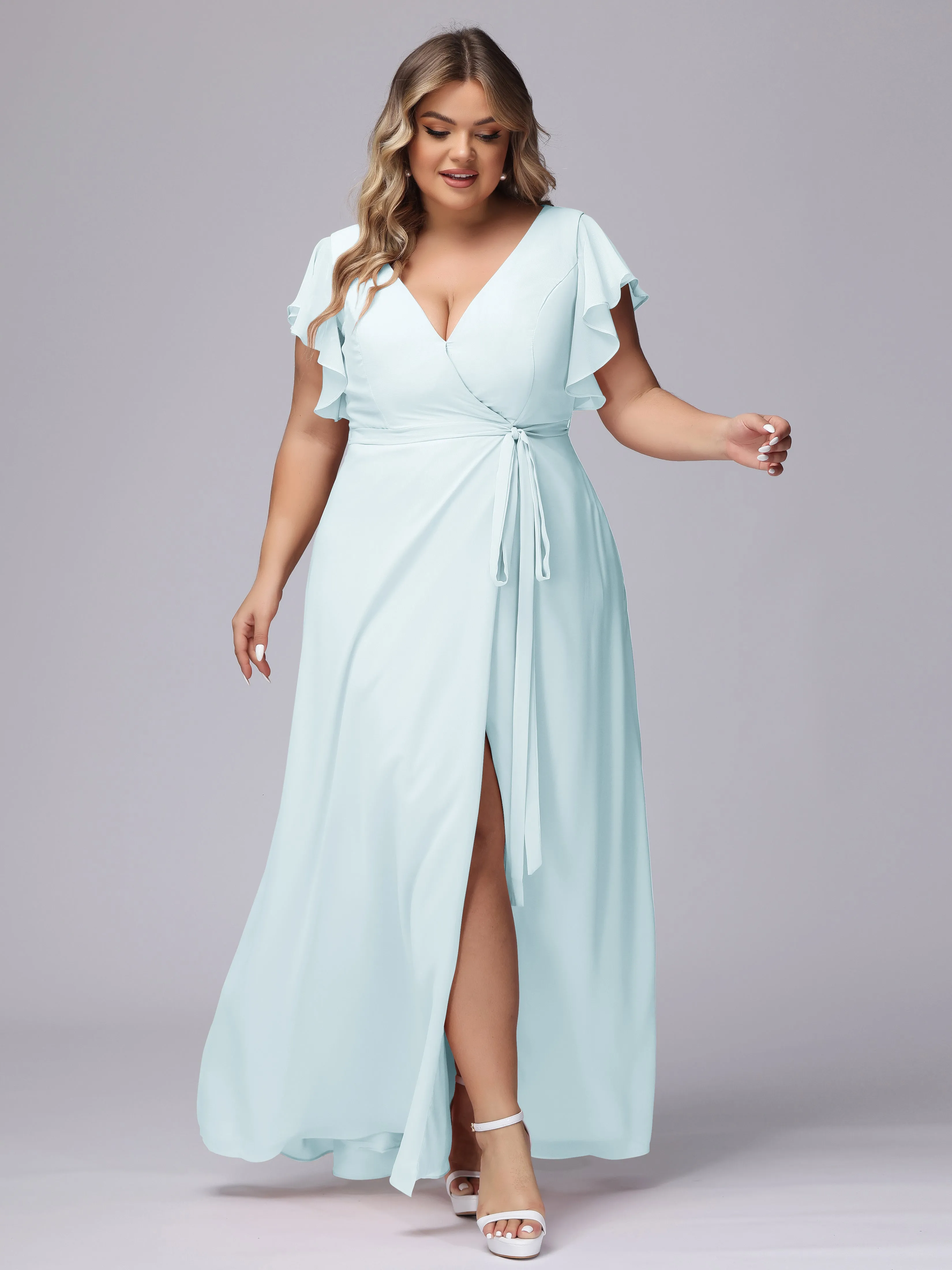 Simple V-neck Ruffled Sleeves Plus Size Chiffon Bridesmaid Dress