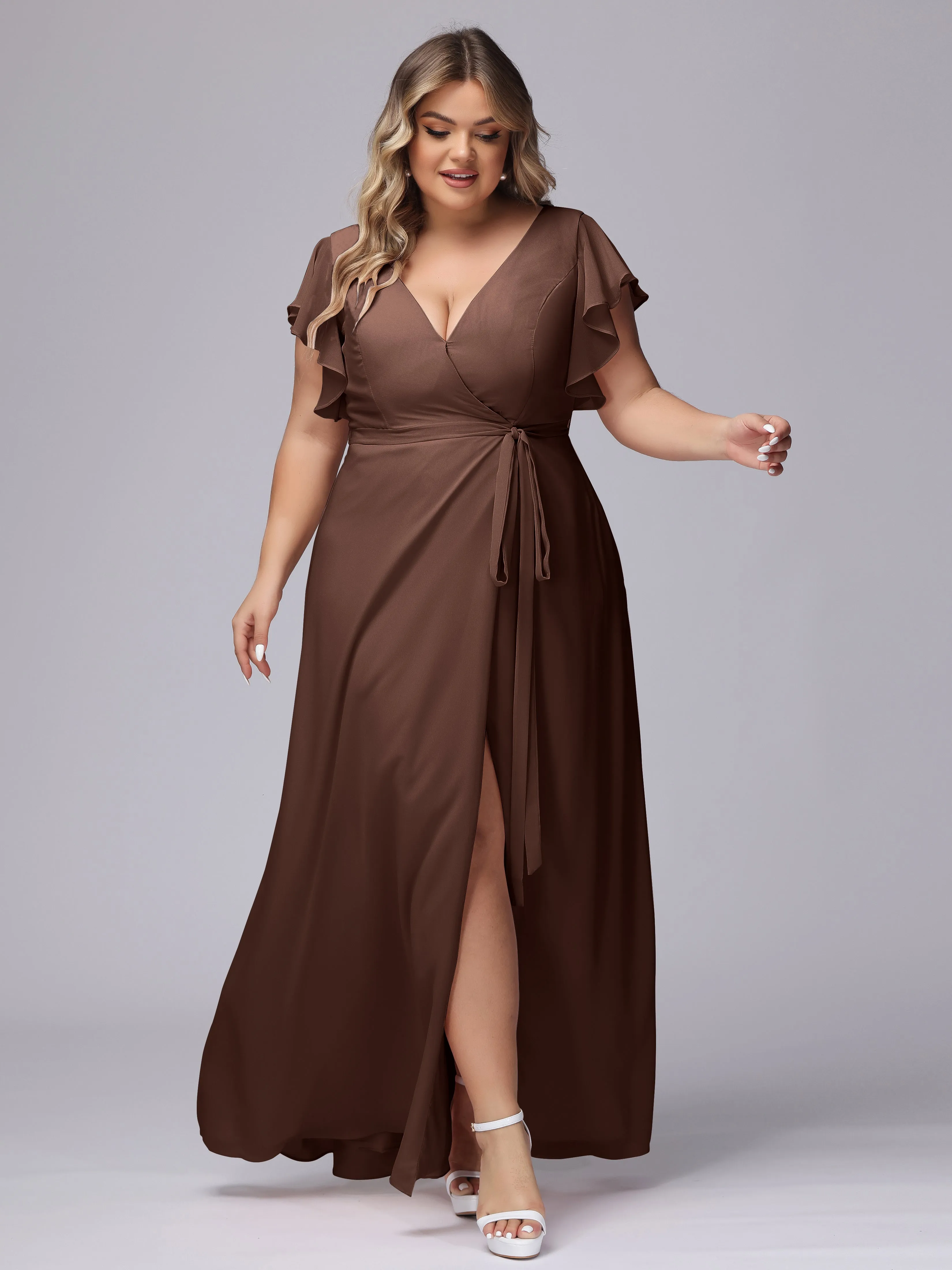 Simple V-neck Ruffled Sleeves Plus Size Chiffon Bridesmaid Dress