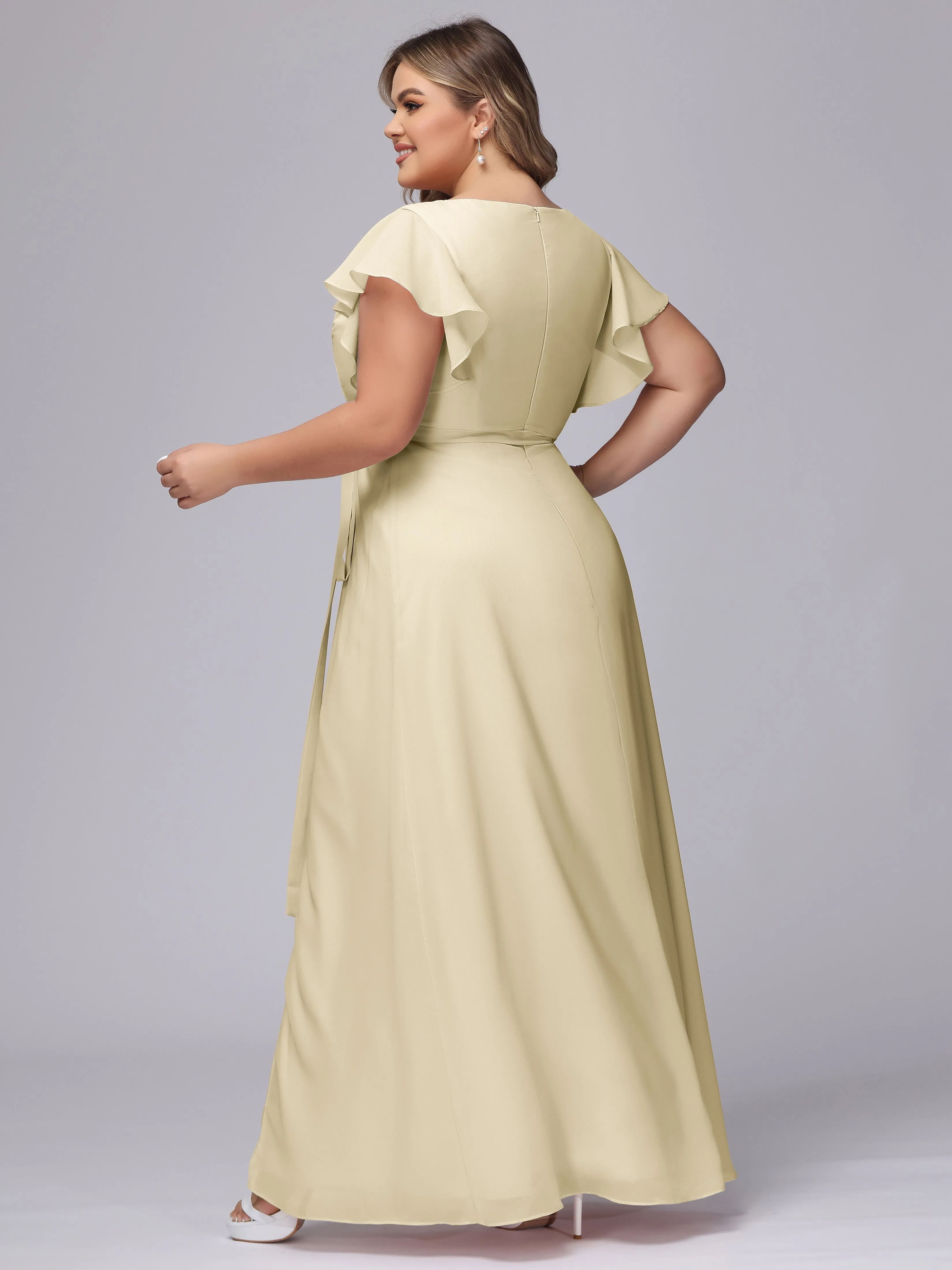 Simple V-neck Ruffled Sleeves Plus Size Chiffon Bridesmaid Dress