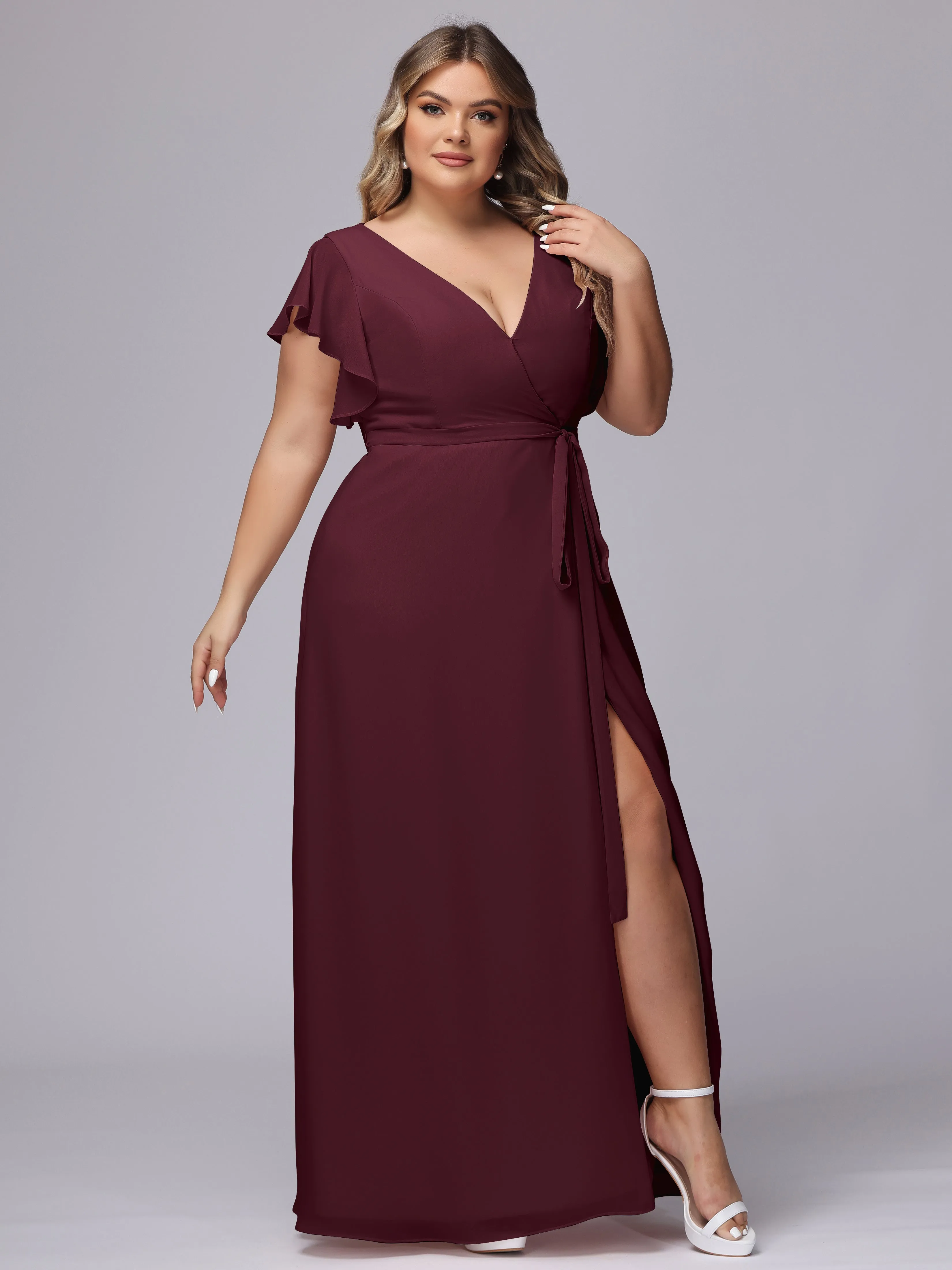 Simple V-neck Ruffled Sleeves Plus Size Chiffon Bridesmaid Dress