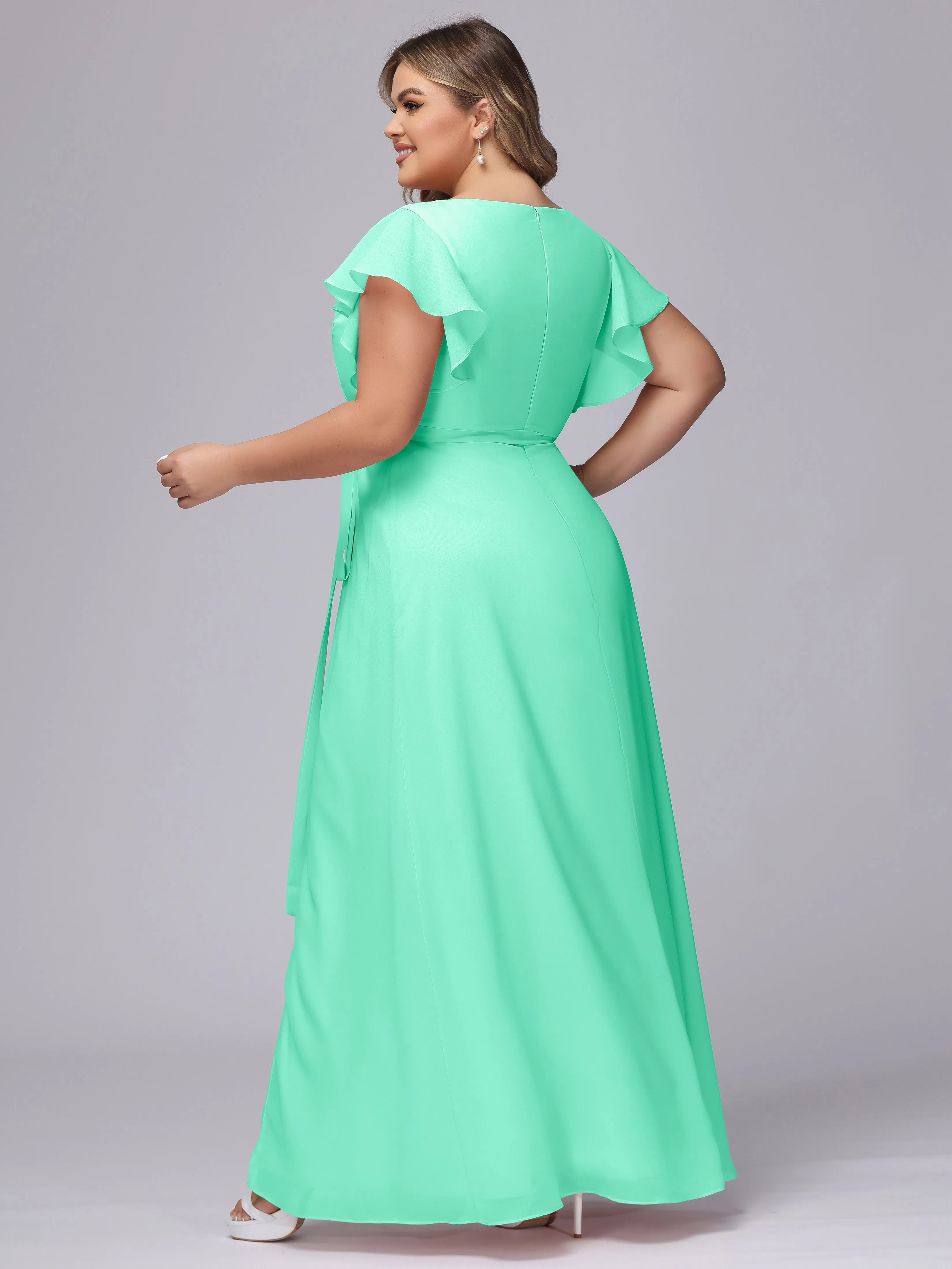 Simple V-neck Ruffled Sleeves Plus Size Chiffon Bridesmaid Dress