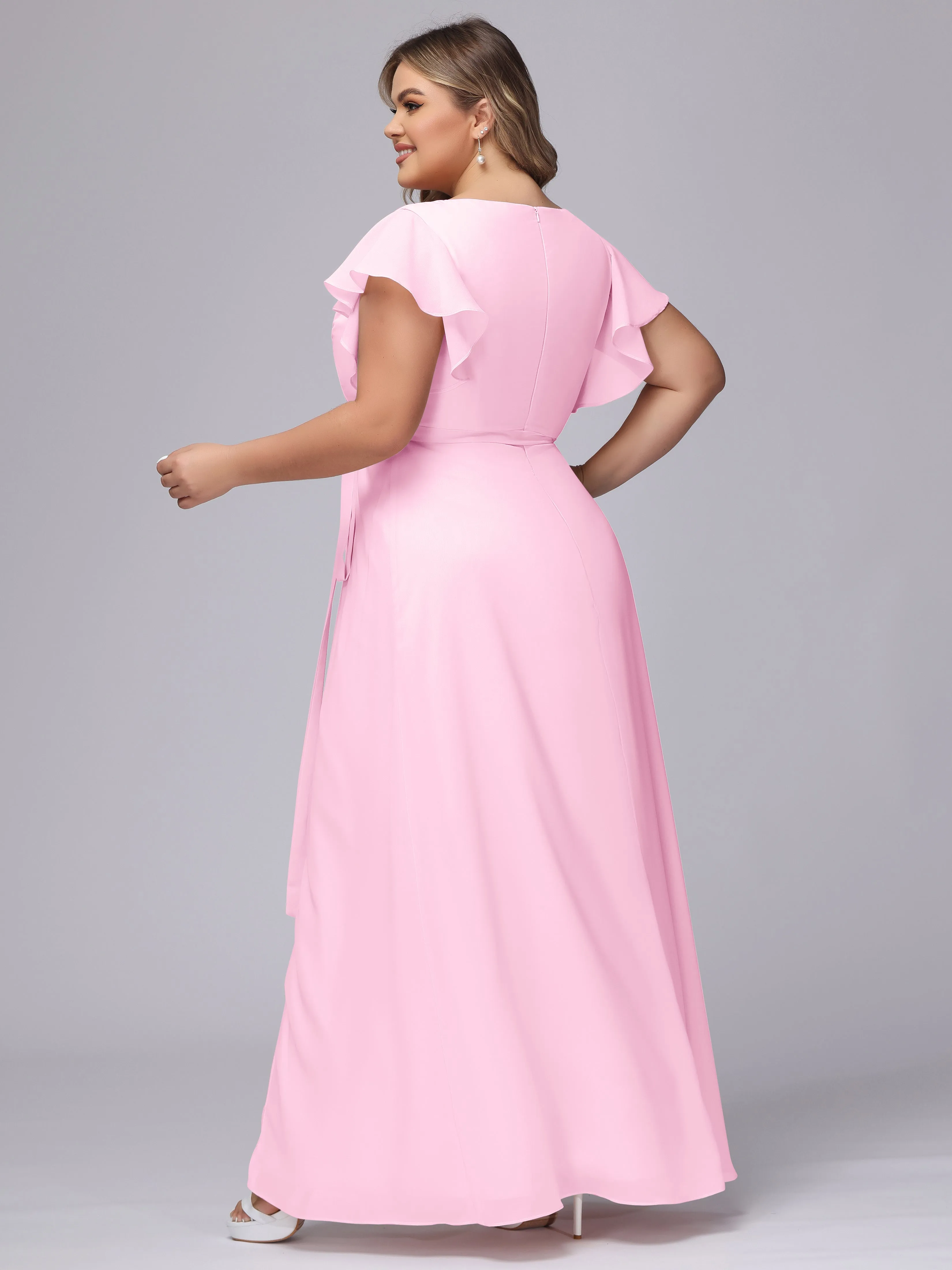 Simple V-neck Ruffled Sleeves Plus Size Chiffon Bridesmaid Dress