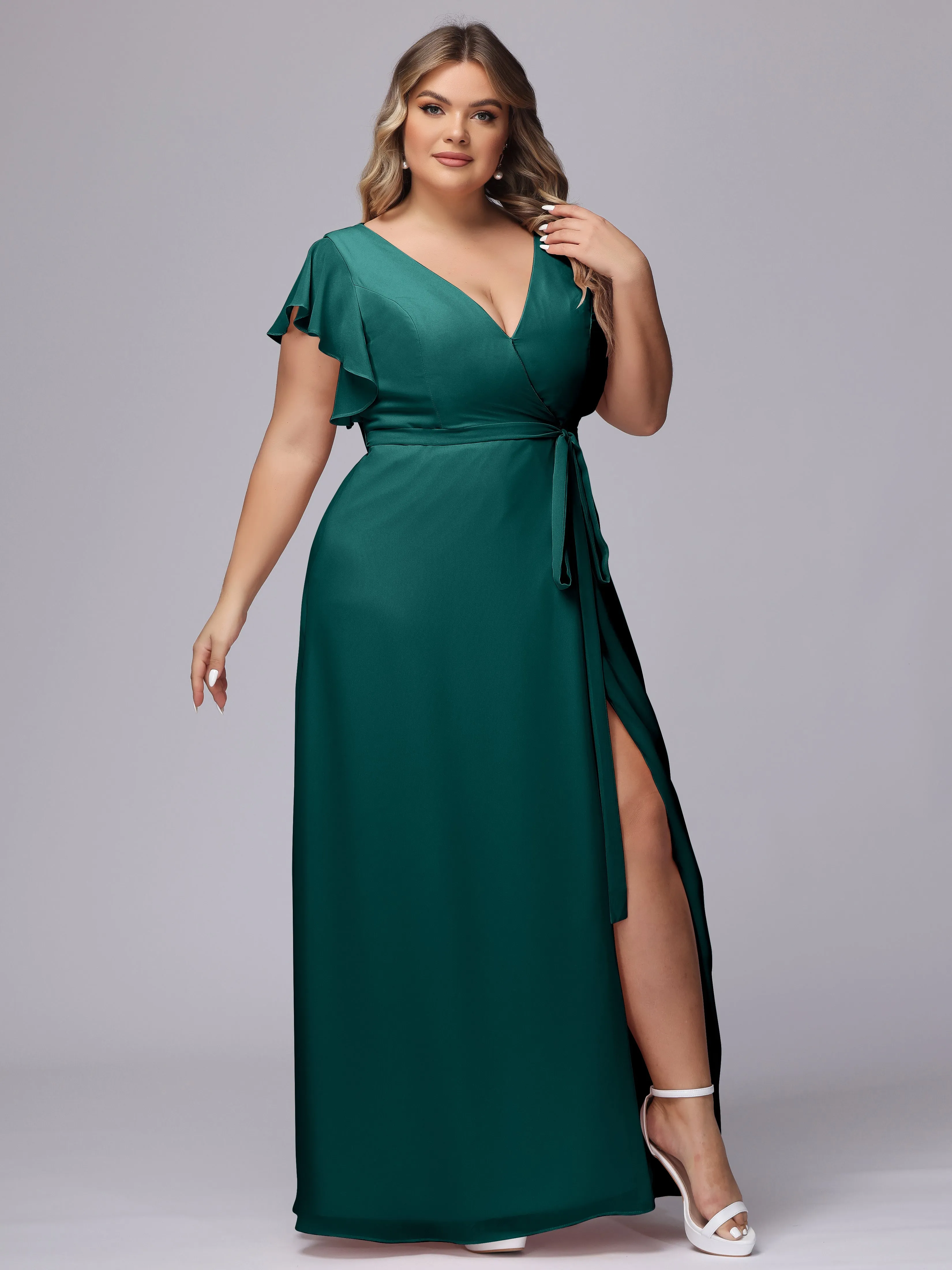 Simple V-neck Ruffled Sleeves Plus Size Chiffon Bridesmaid Dress