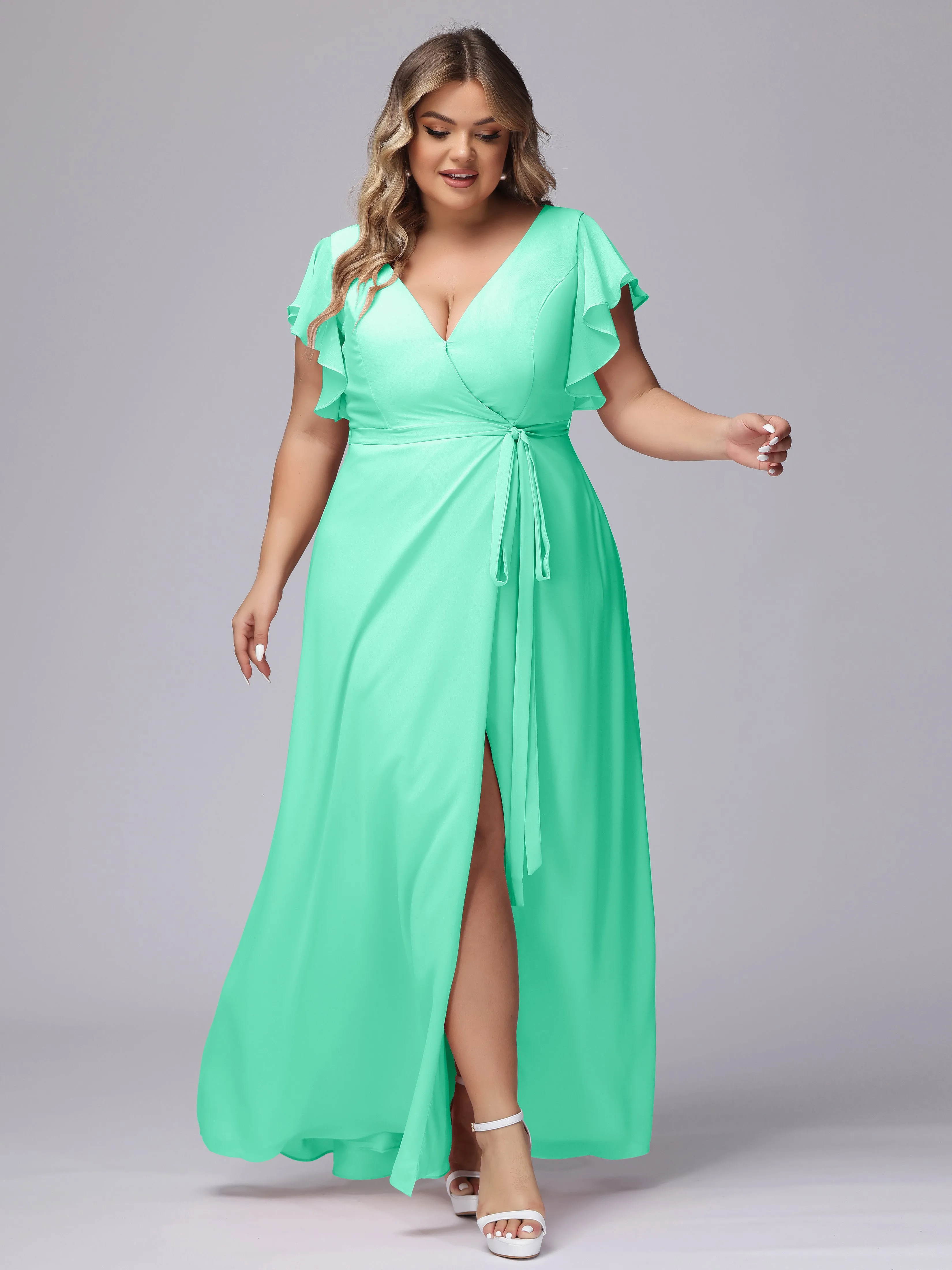 Simple V-neck Ruffled Sleeves Plus Size Chiffon Bridesmaid Dress