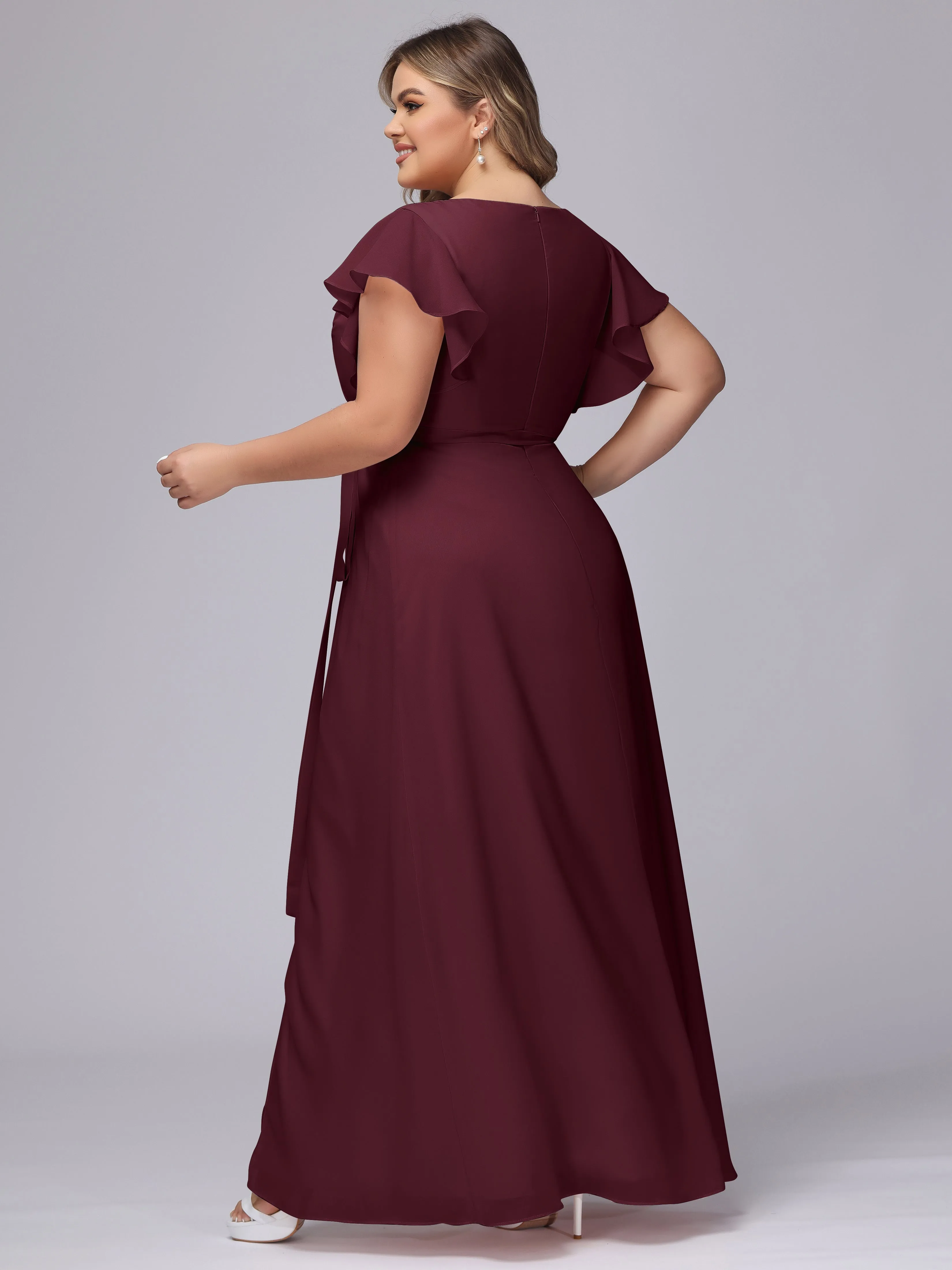 Simple V-neck Ruffled Sleeves Plus Size Chiffon Bridesmaid Dress