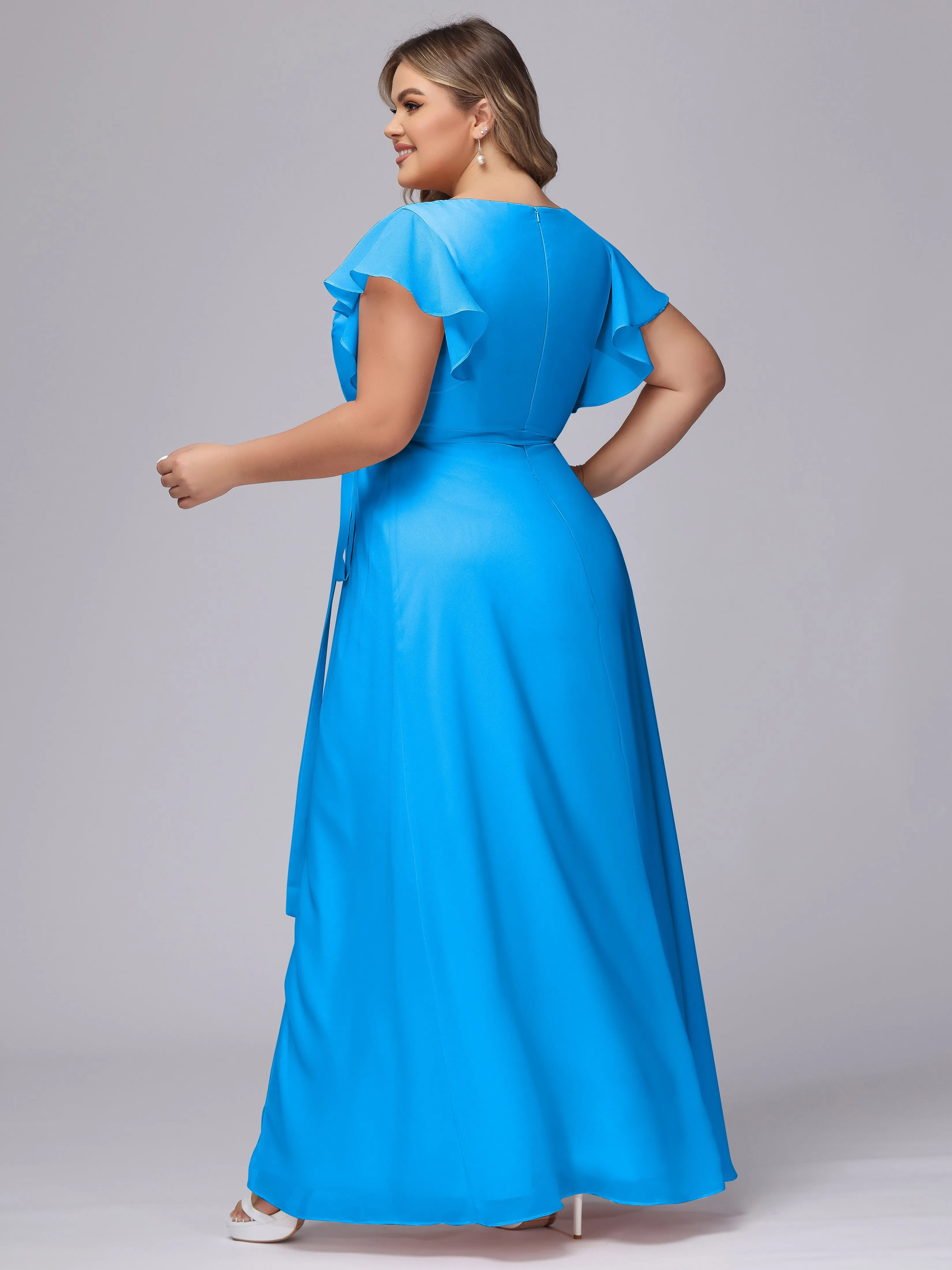 Simple V-neck Ruffled Sleeves Plus Size Chiffon Bridesmaid Dress
