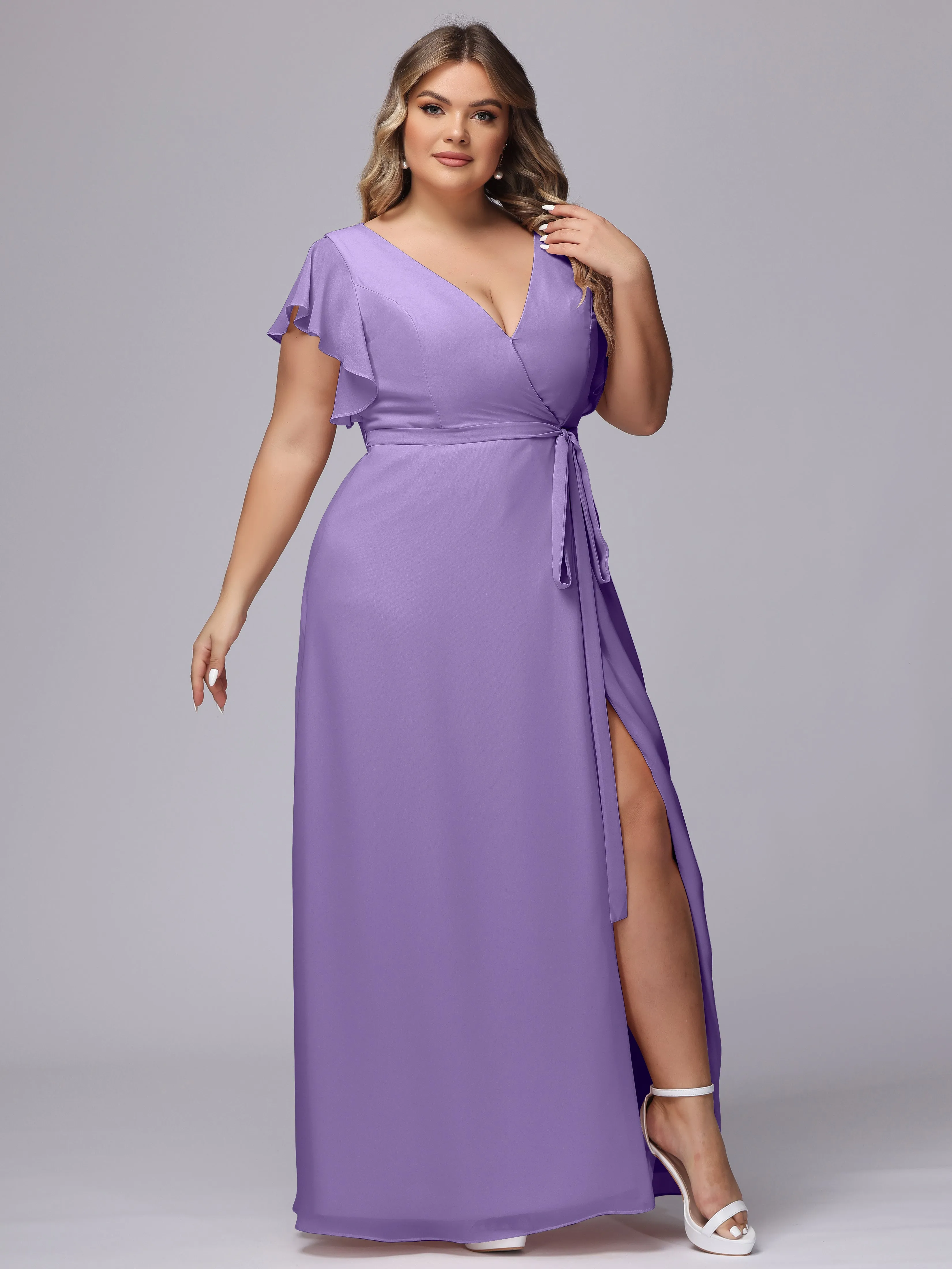 Simple V-neck Ruffled Sleeves Plus Size Chiffon Bridesmaid Dress