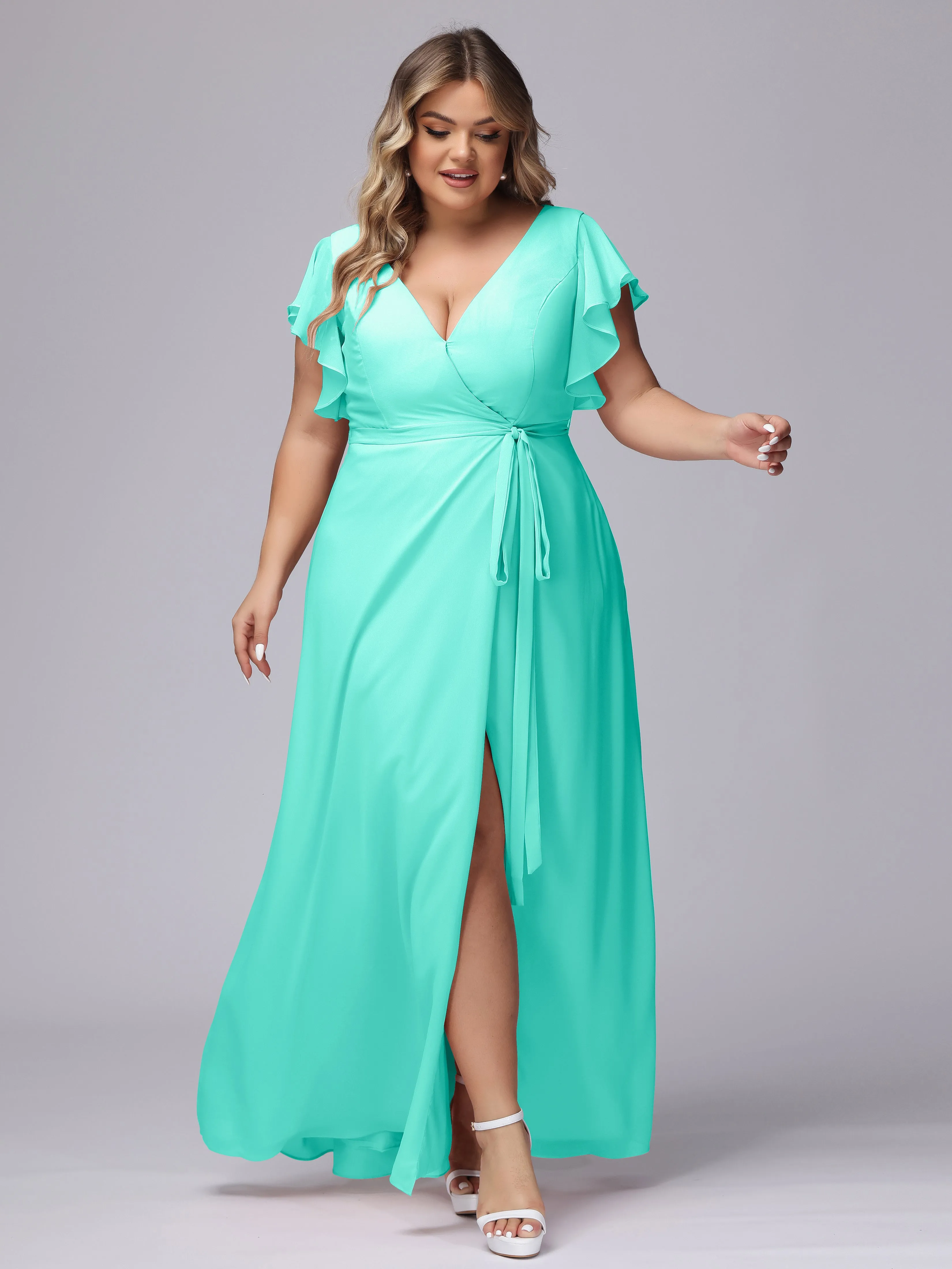 Simple V-neck Ruffled Sleeves Plus Size Chiffon Bridesmaid Dress