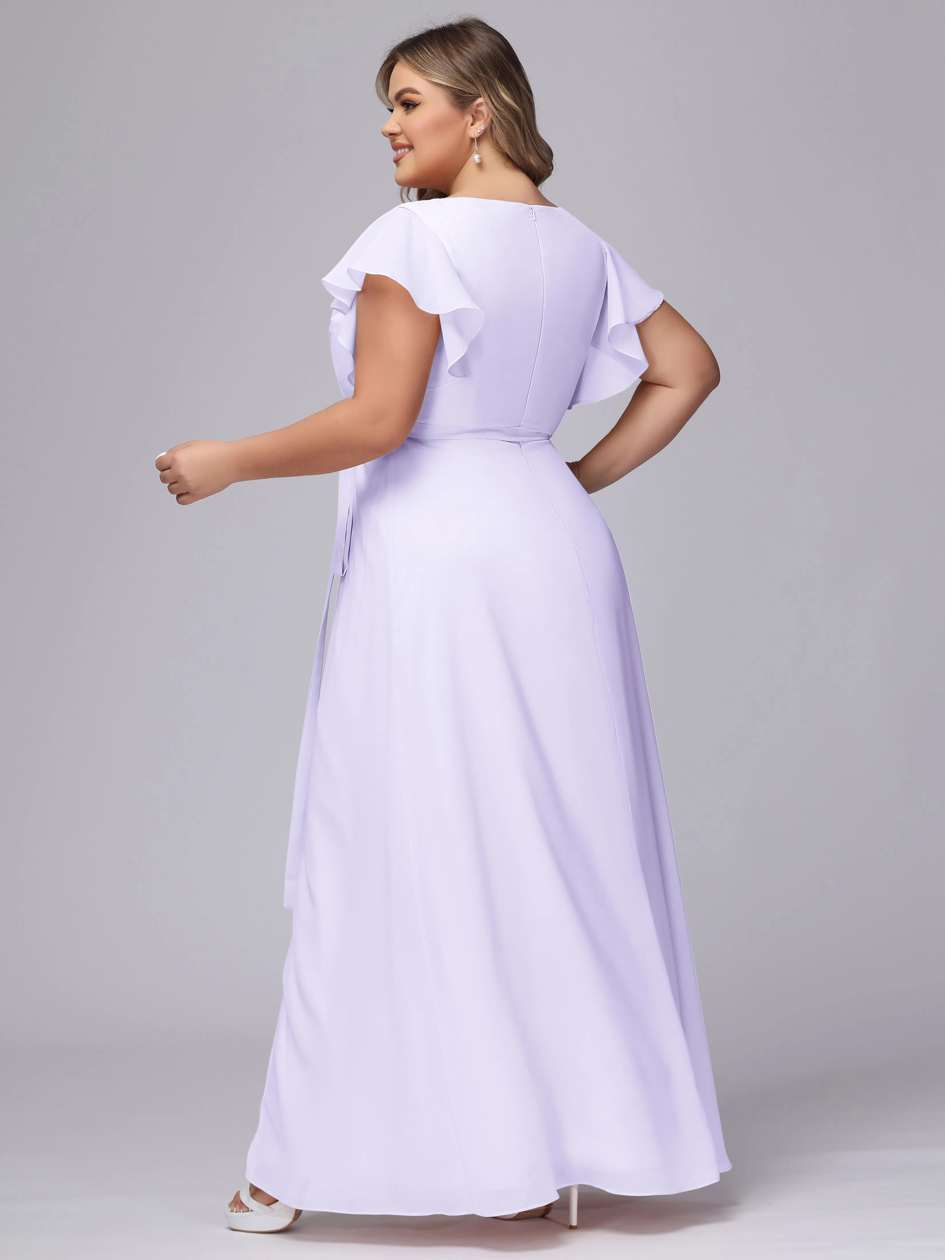 Simple V-neck Ruffled Sleeves Plus Size Chiffon Bridesmaid Dress