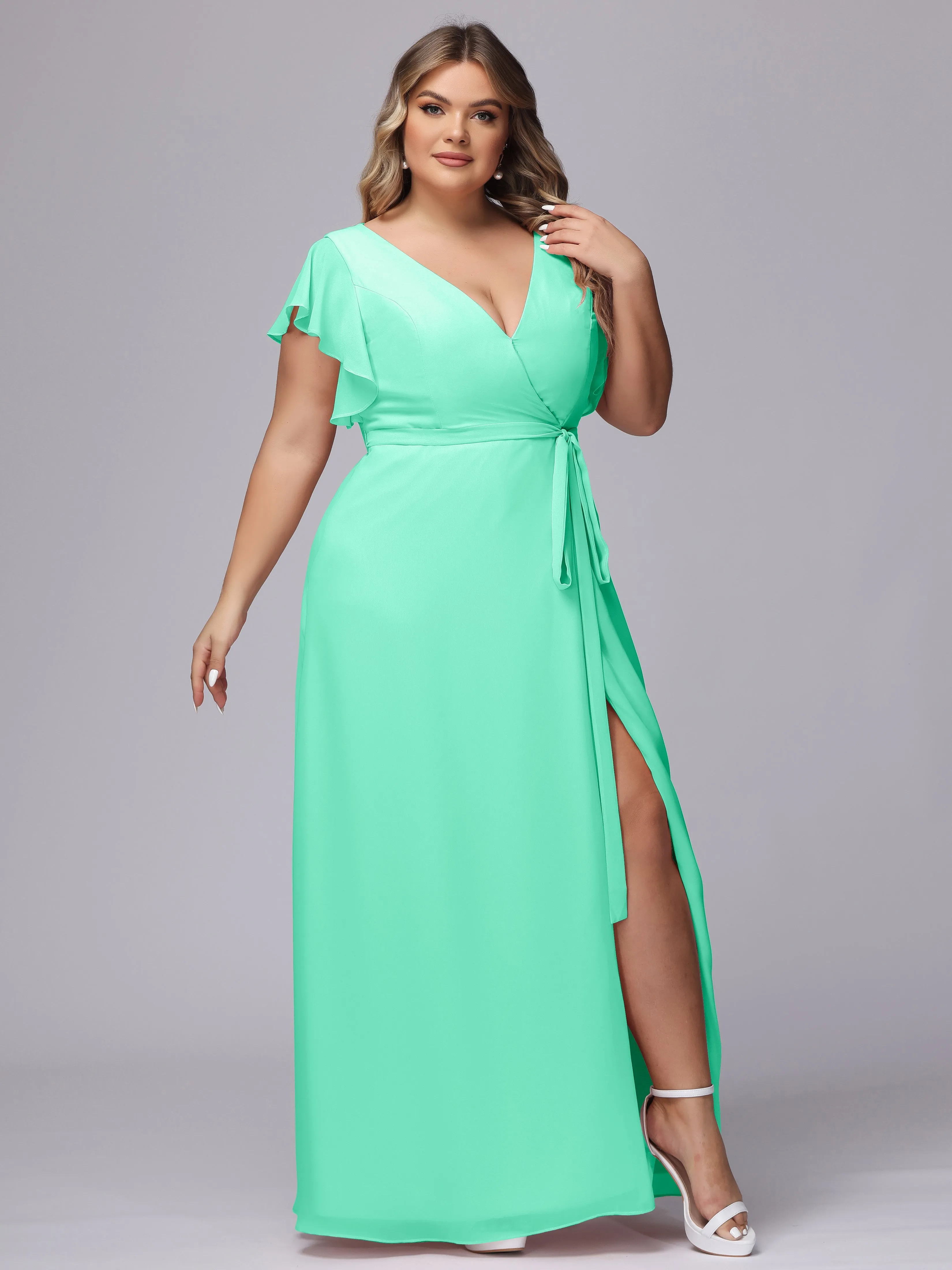 Simple V-neck Ruffled Sleeves Plus Size Chiffon Bridesmaid Dress