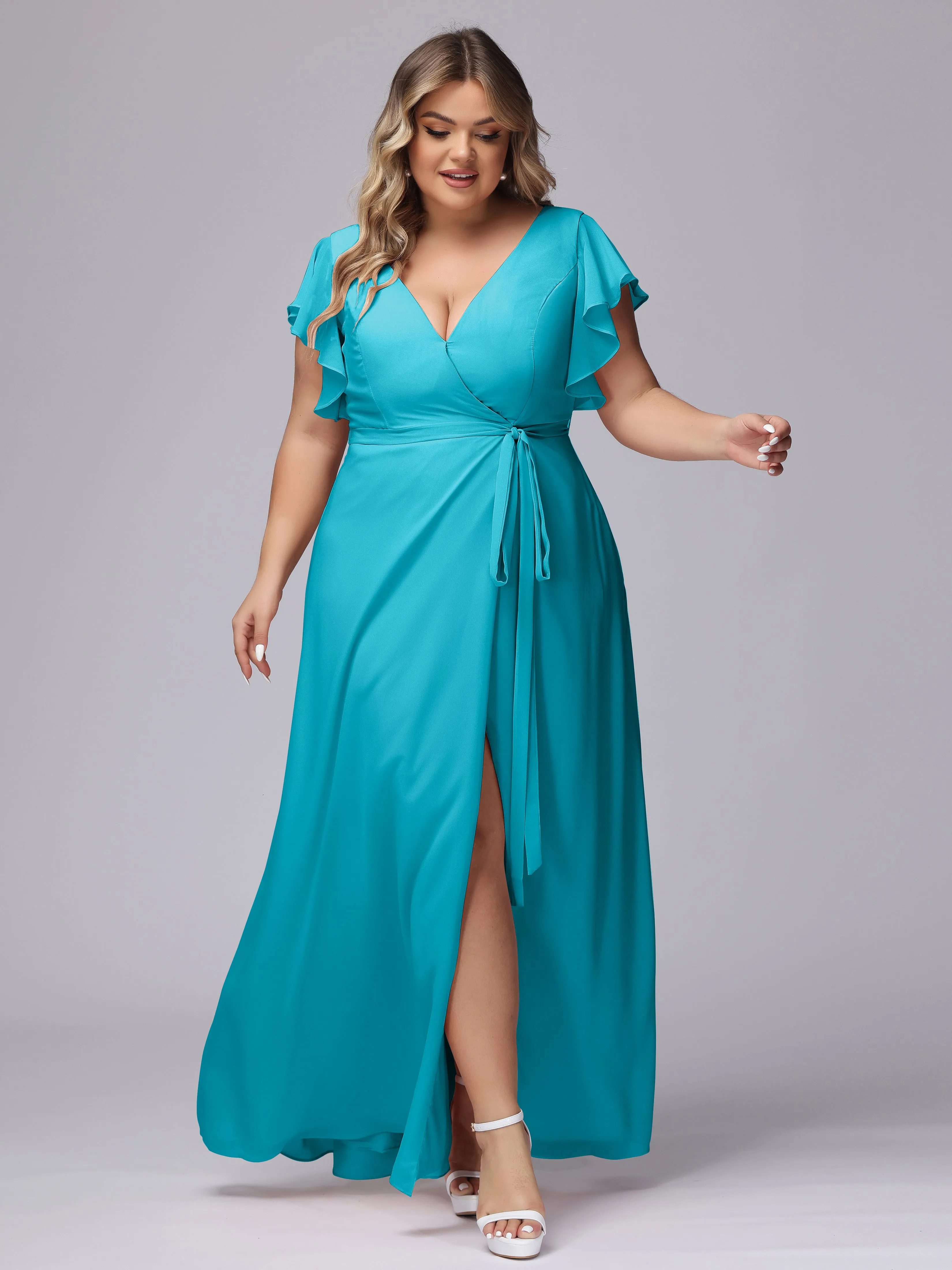 Simple V-neck Ruffled Sleeves Plus Size Chiffon Bridesmaid Dress