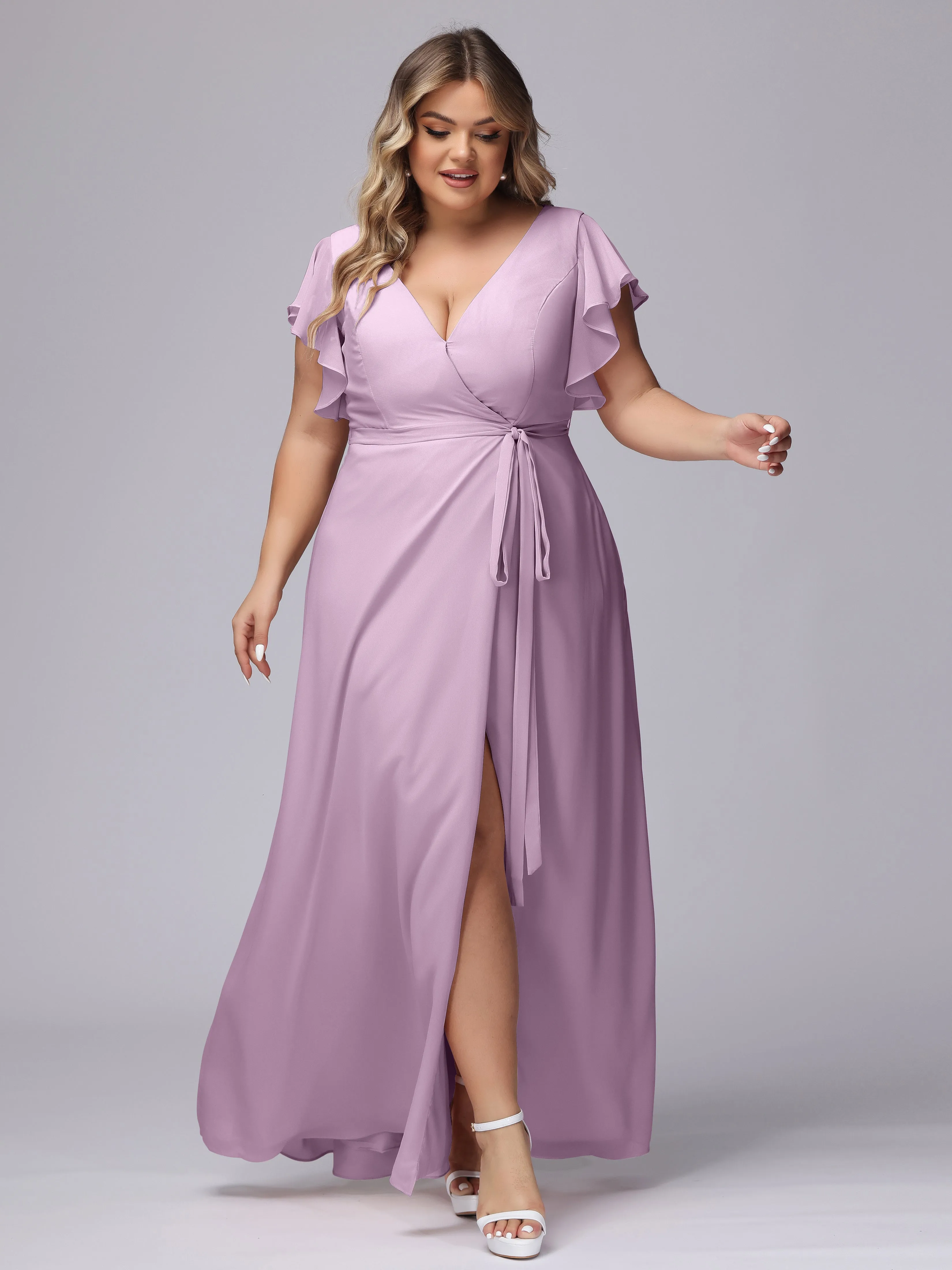 Simple V-neck Ruffled Sleeves Plus Size Chiffon Bridesmaid Dress