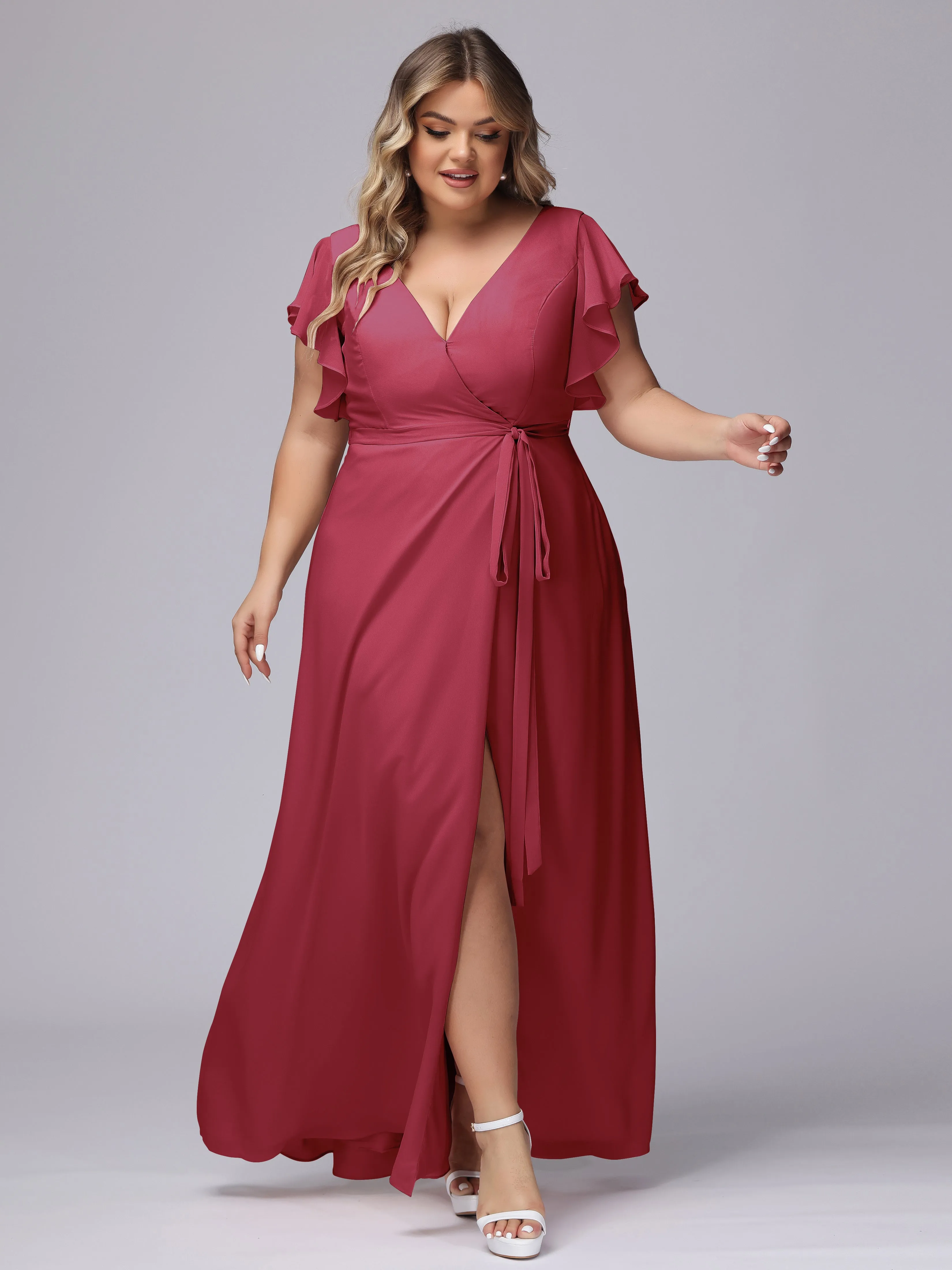 Simple V-neck Ruffled Sleeves Plus Size Chiffon Bridesmaid Dress
